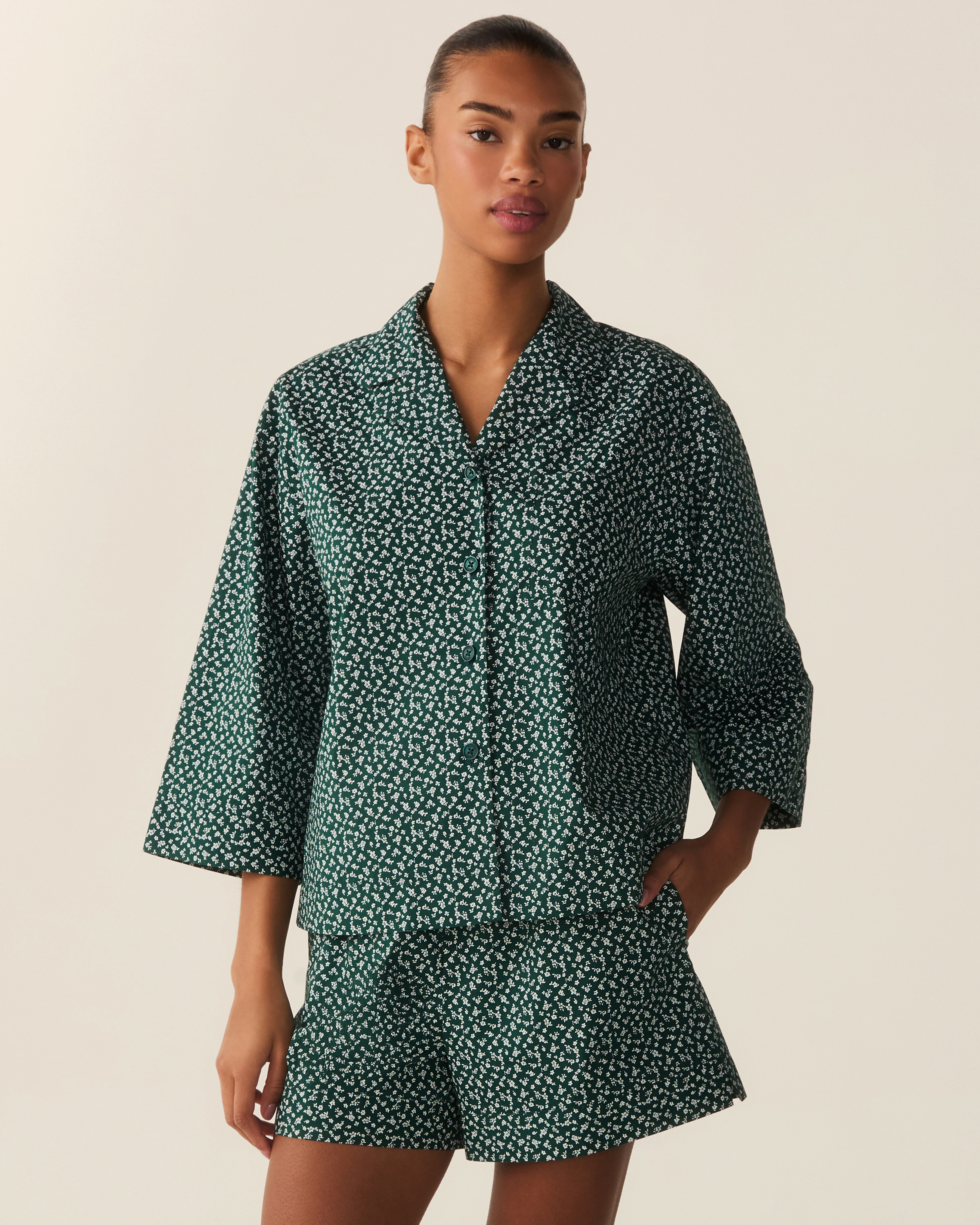 The Olivia Poplin Short Set in Ditsy Waltz Evergreen