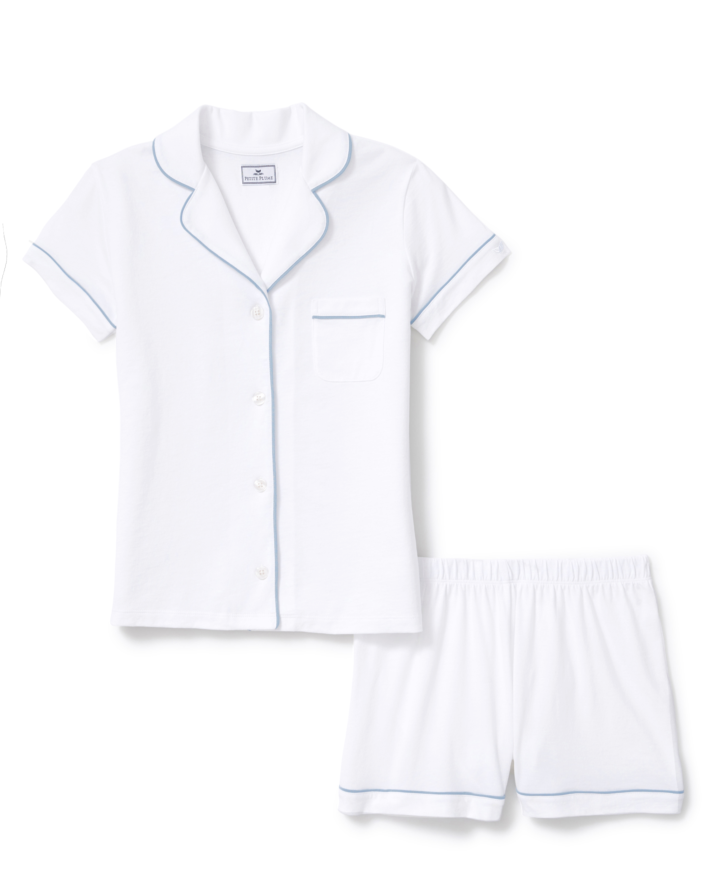 Greek Embroidered Poppy Pima Short Set in White with Periwinkle Piping