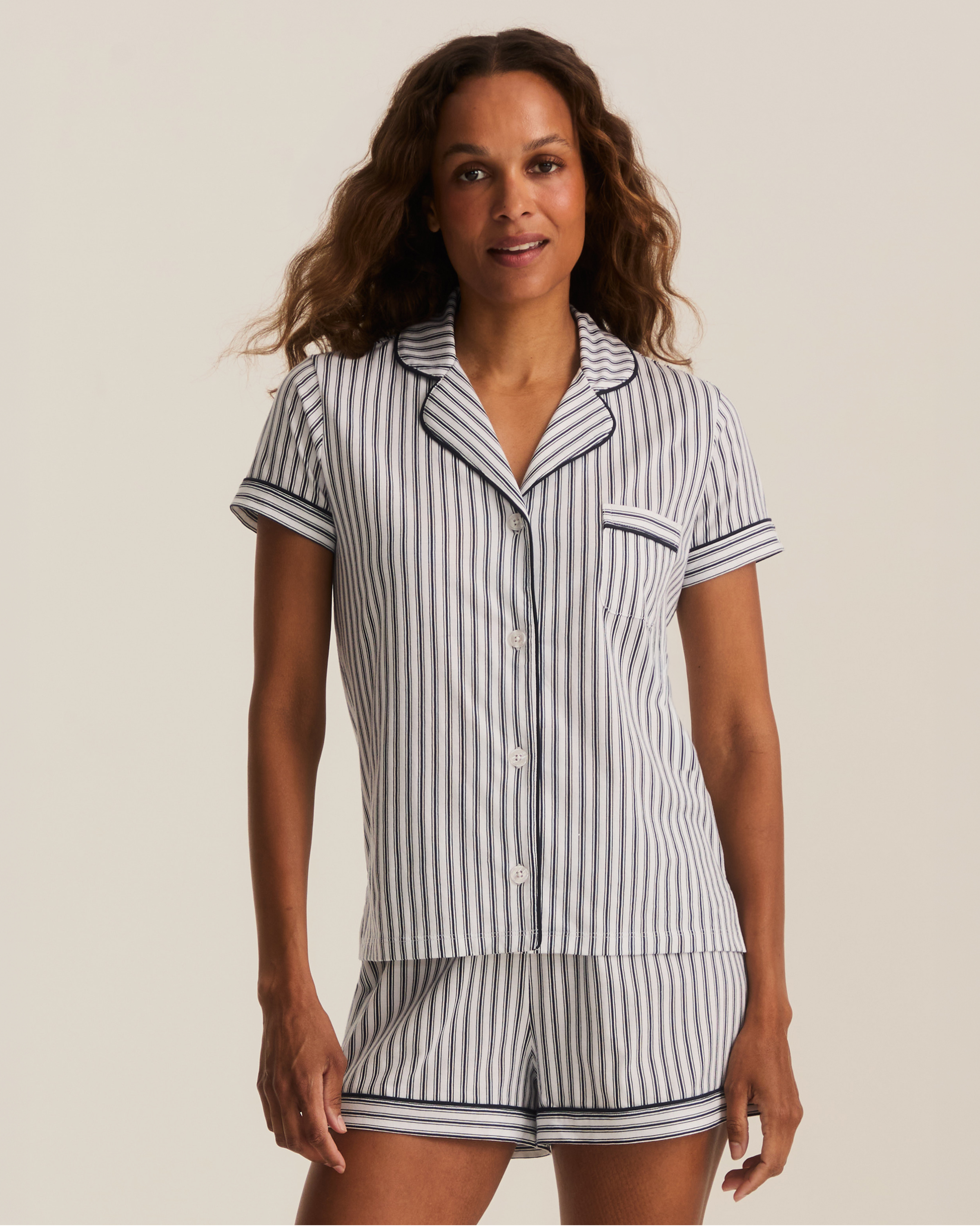 Greek Embroidered Poppy Lightweight Pima Short Set in Navy French Ticking