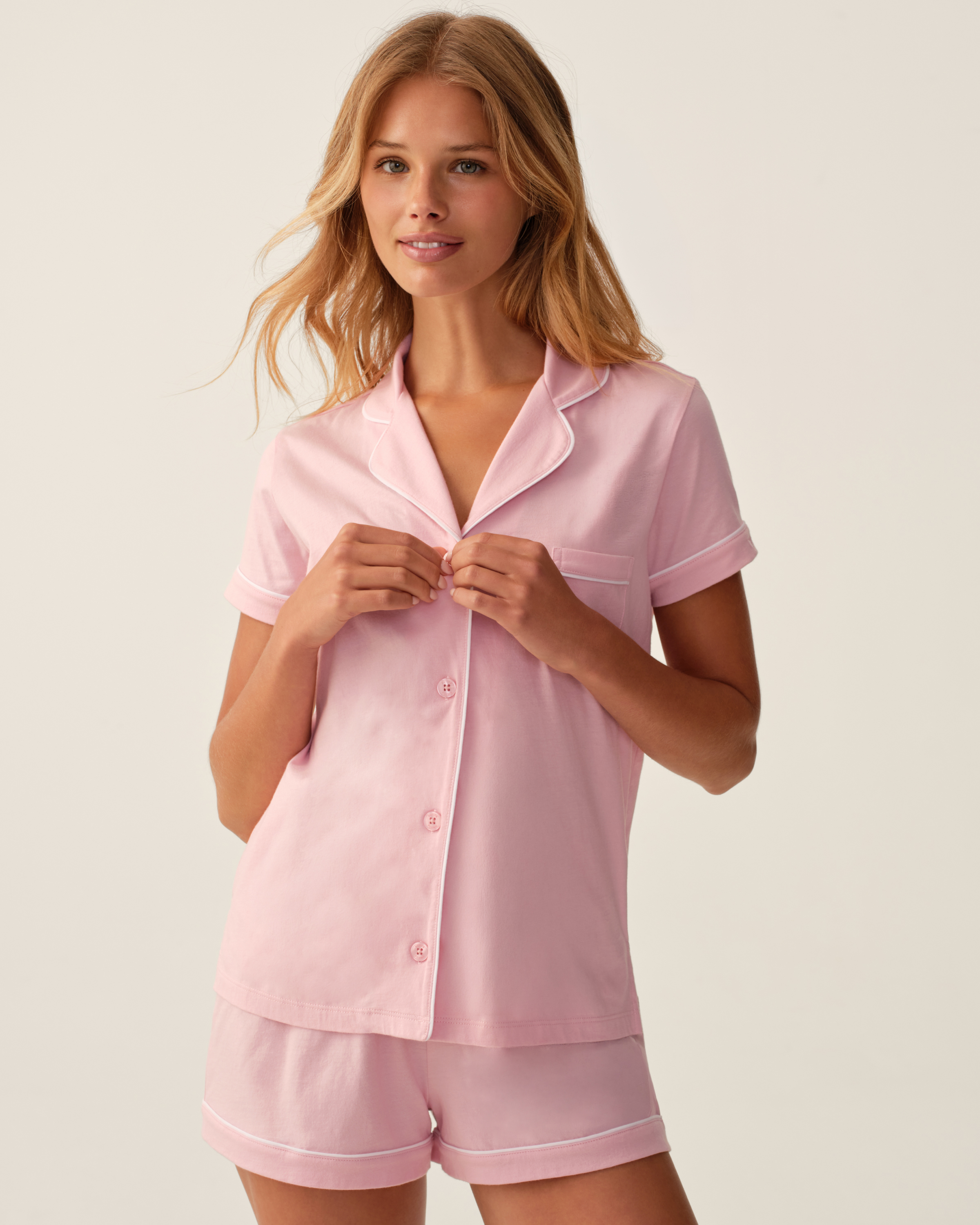 Greek Embroidered Poppy Lightweight Pima Short Set in Pink