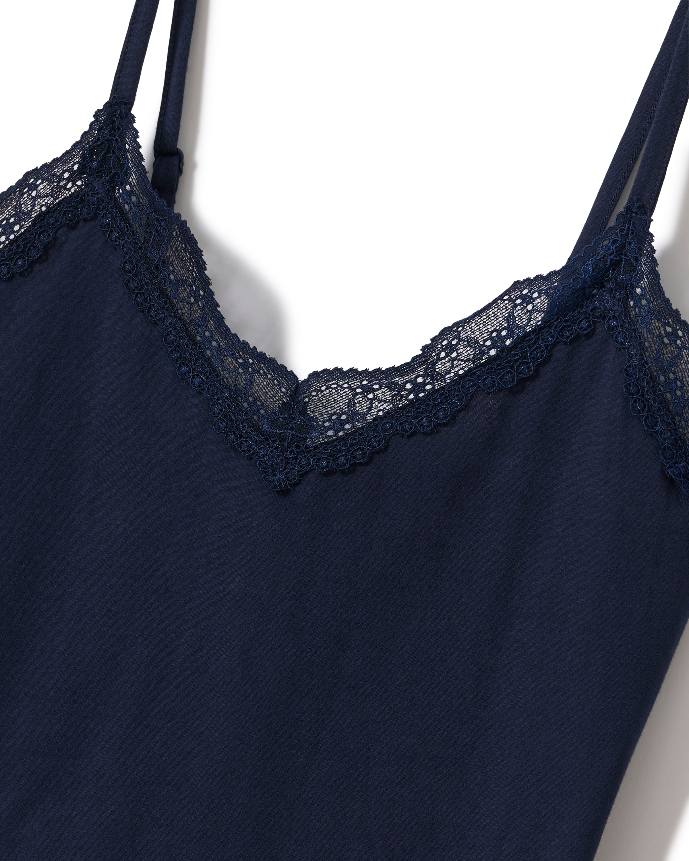Women’s Lightweight Pima Cami Short Set in Navy, featuring a navy blue camisole with thin straps and delicate lace trim along the neckline, displayed against a white background.
