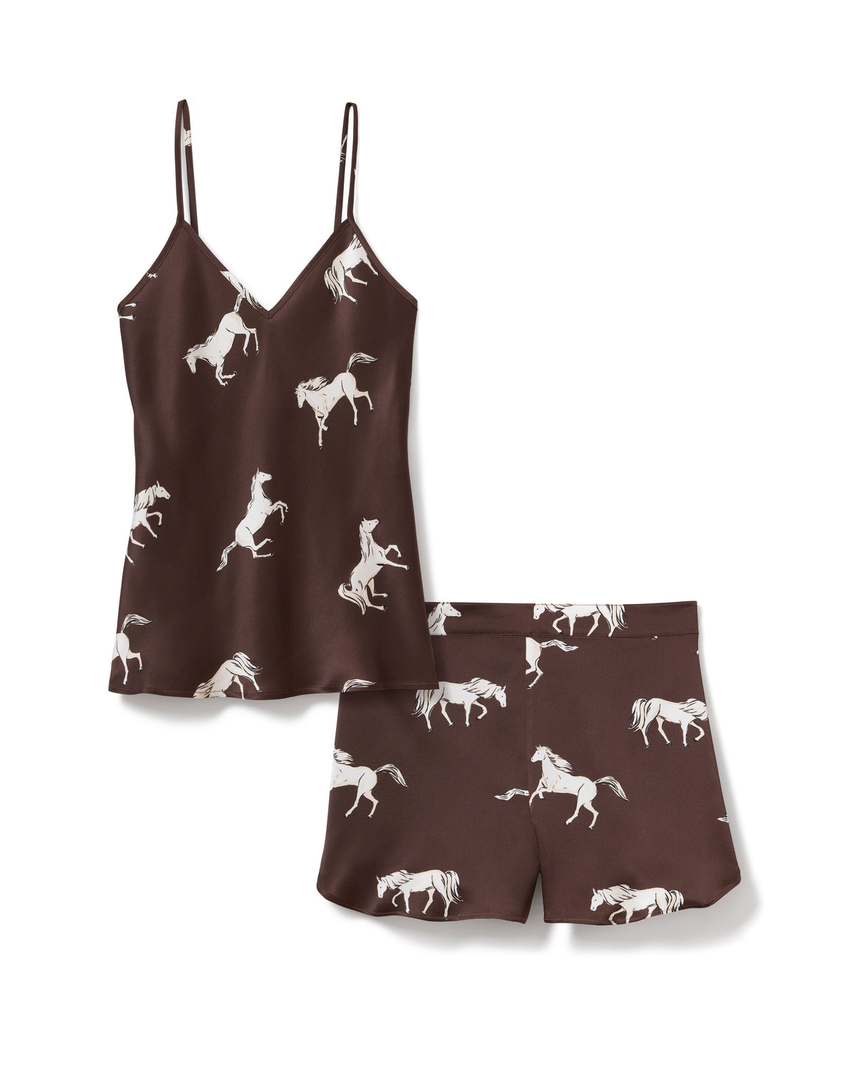 Women’s Silk Cami Short Set in Highgrove Equestrian, featuring a brown camisole with thin straps and matching shorts with an elastic waistband, both adorned with white horse prints.