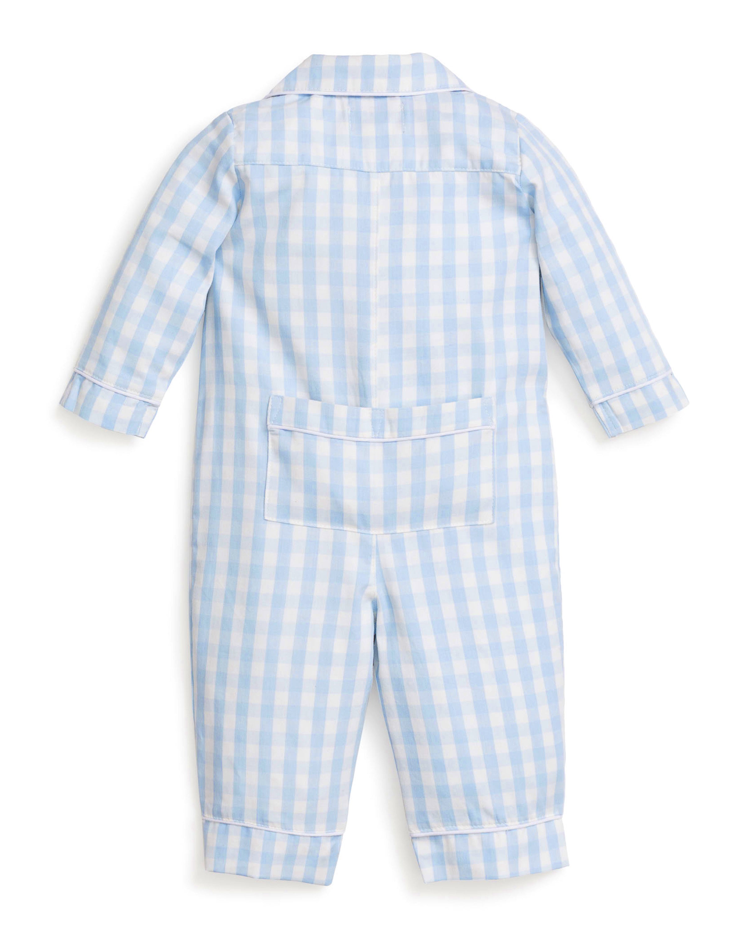 The Baby's Twill Classic Romper in Light Blue Gingham features long sleeves, full-length design, a collar, white front buttons, and snap closures along the legs in a light blue and white gingham pattern.