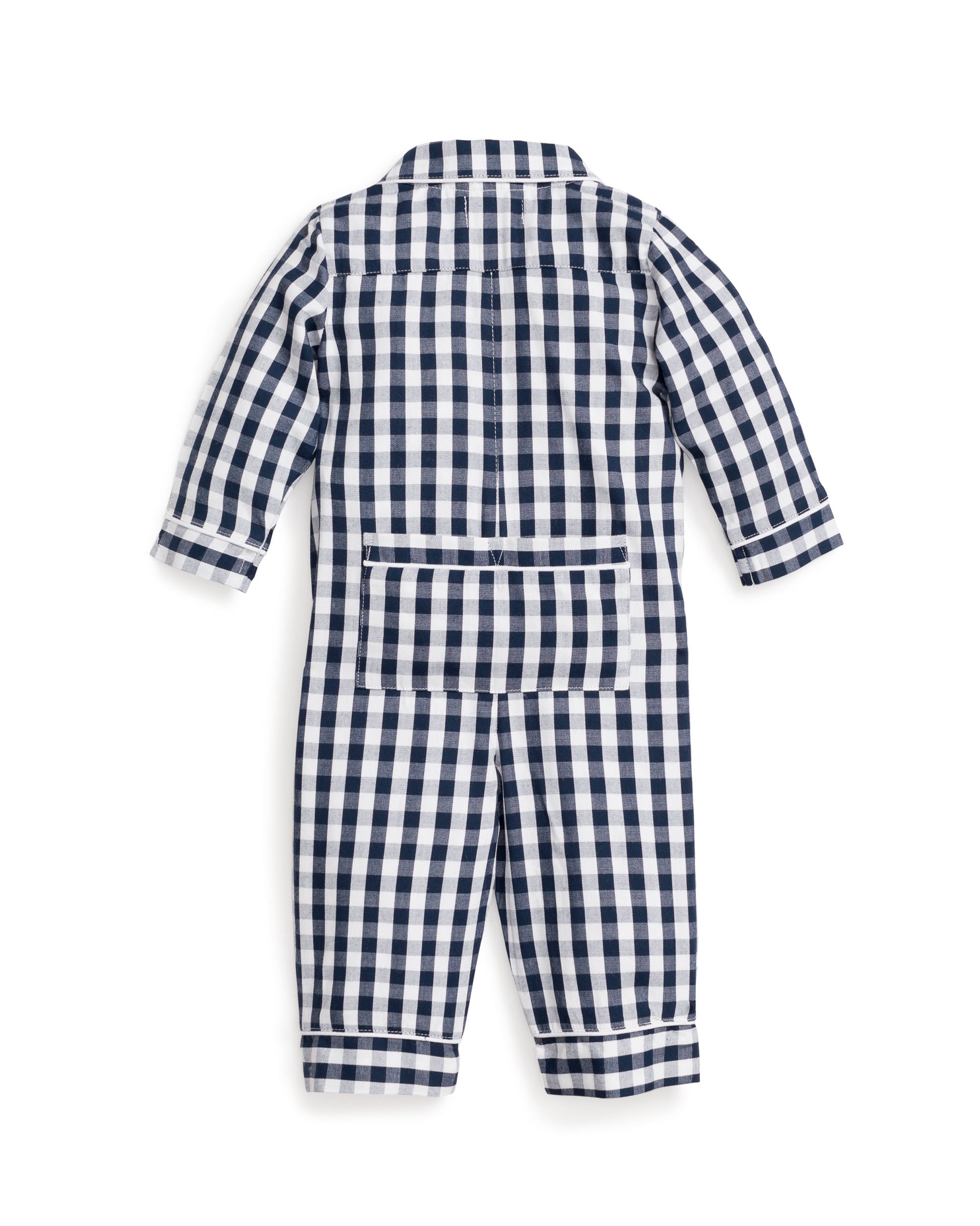 Petite Plumes Babys Twill Winter Romper, available in navy gingham, is made from yarn-dyed cotton and features long sleeves with folded cuffs, a collar, and a large rectangular back pocket.