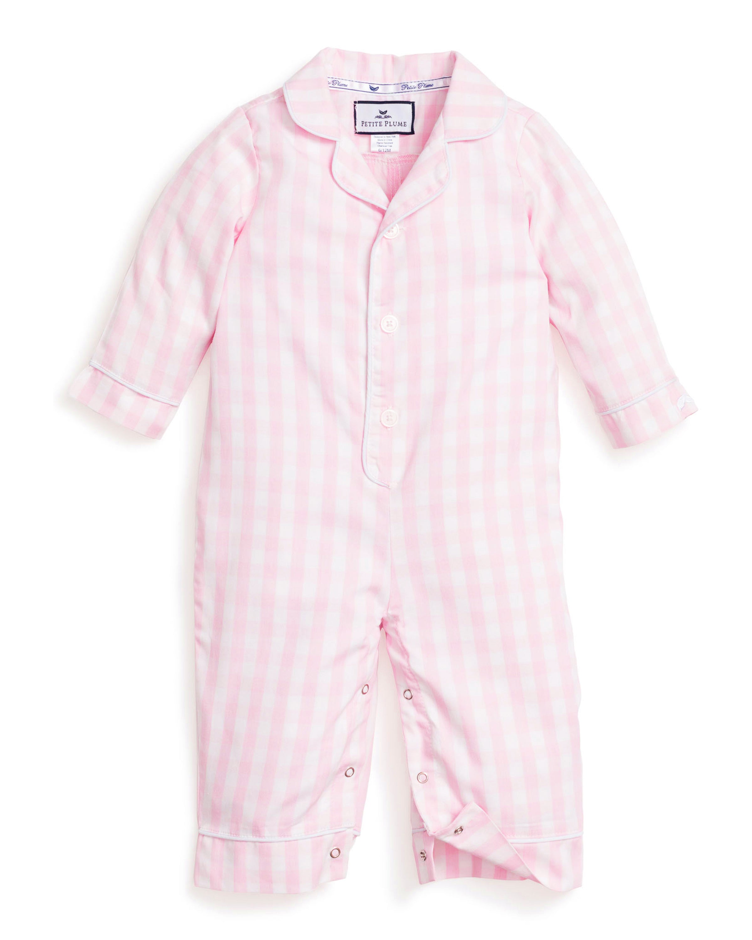 Baby's Twill Classic Romper in Pink Gingham: long sleeves, small collar, button front, footless legs. Light pink and white checkered design. Garment shown flat on a white background.