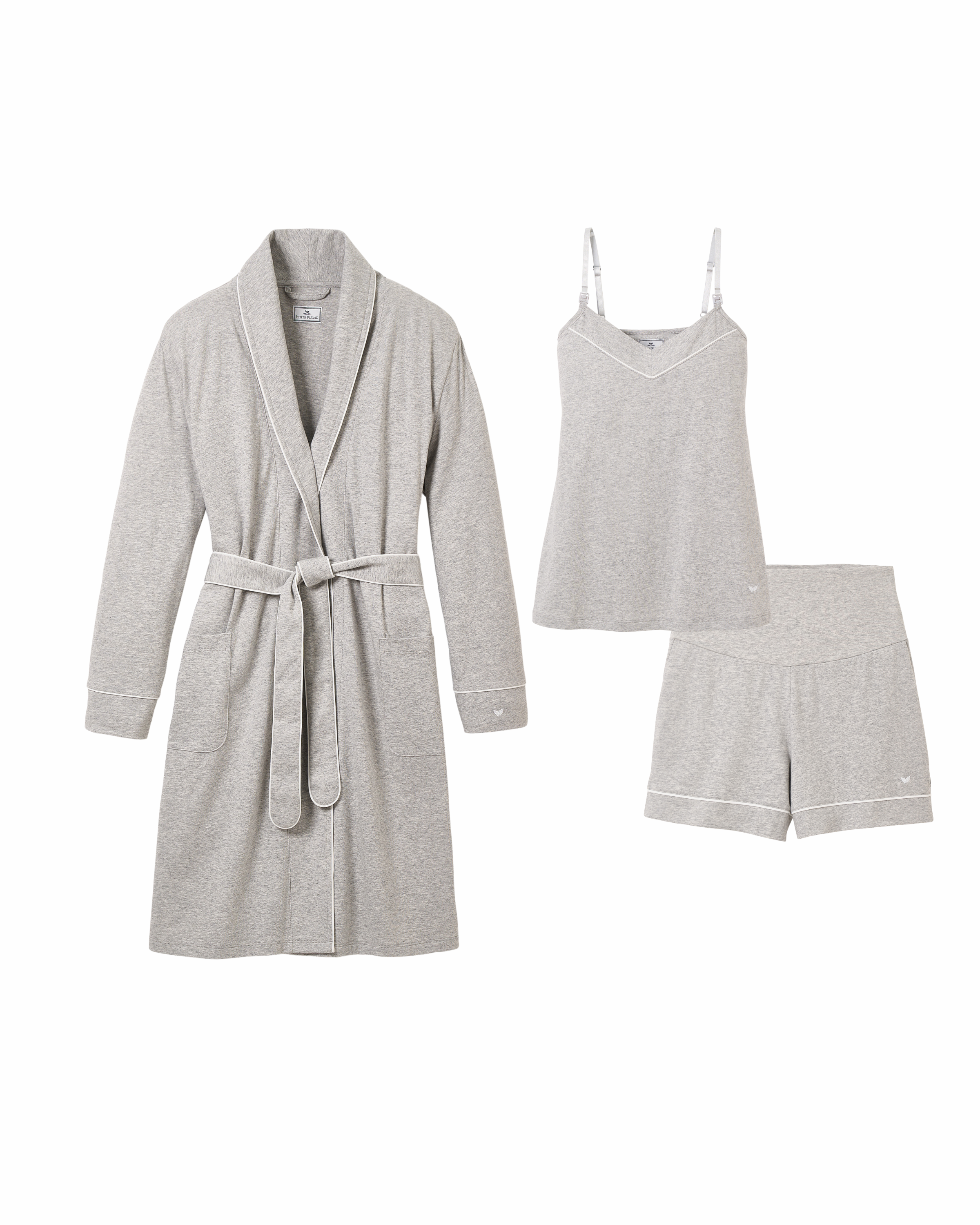 The Must Have Maternity Set in Light Heather Grey by Petite Plume, perfect for summer gifting, features a robe with a belt, camisole, and matching shorts. Crafted from breathable fabric for comfort indoors, each piece is elegantly displayed against a plain white background.