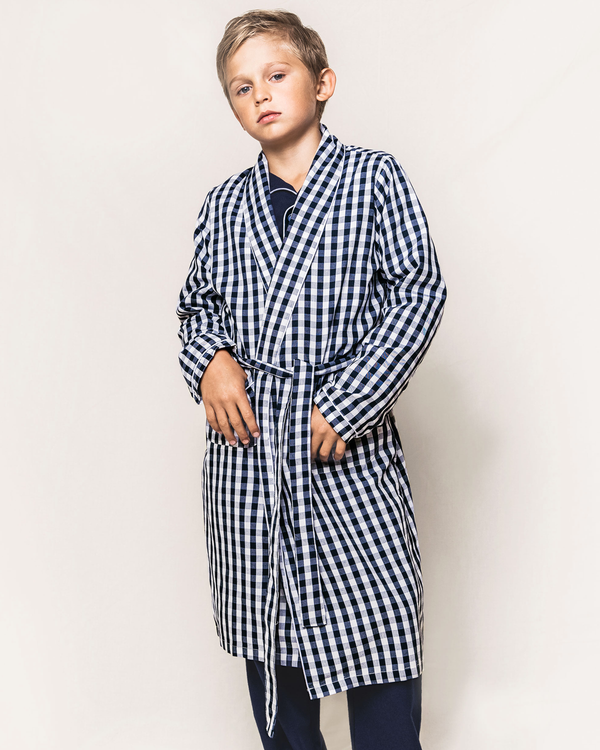 Kid's Twill Robe in Navy Gingham
