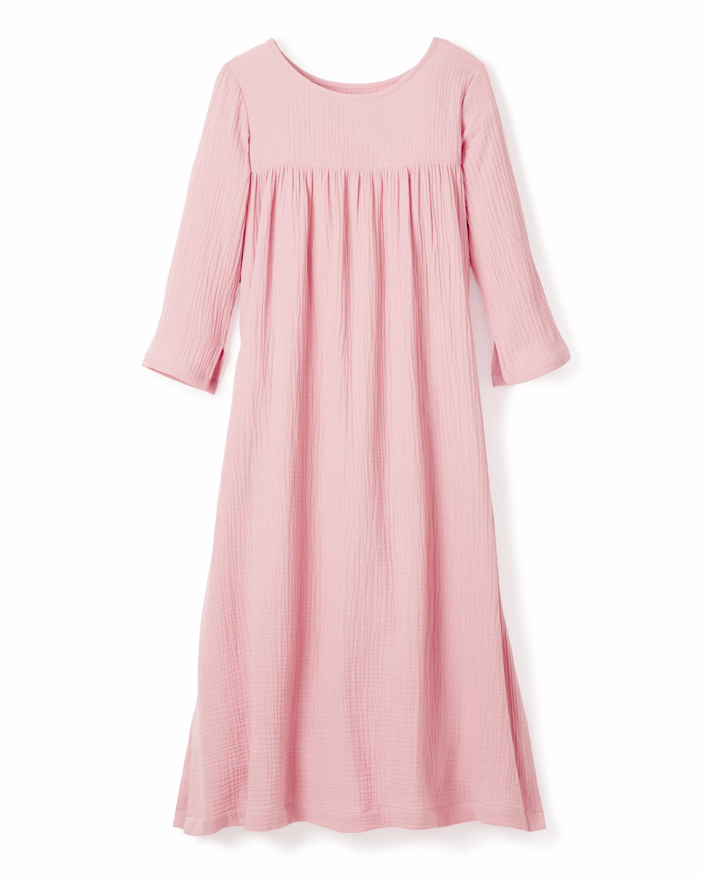 The Womens Gauze Provence Sundress by Petite Plume is made from lightweight cotton gauze with a textured pattern. This long, light pink dress features three-quarter sleeves, a round neckline, and a gathered waistline for an elegant silhouette.