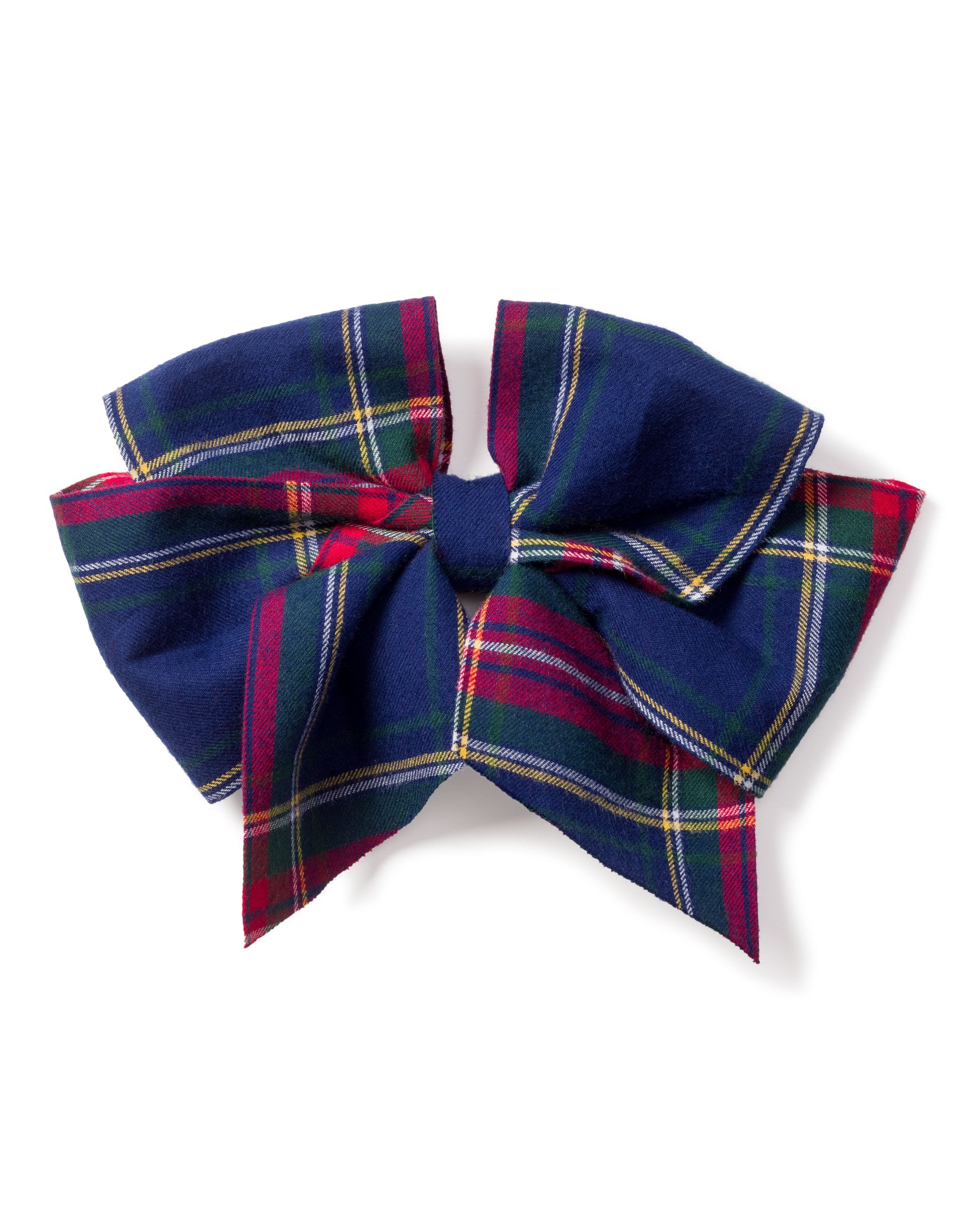 Displayed on a plain white background, the Girls Hair Bows in Windsor Tartan by Petite Plume feature a large navy blue, red, and green bow. Ideal as hair accessories or stocking stuffers, they add a festive touch to holiday gifts.