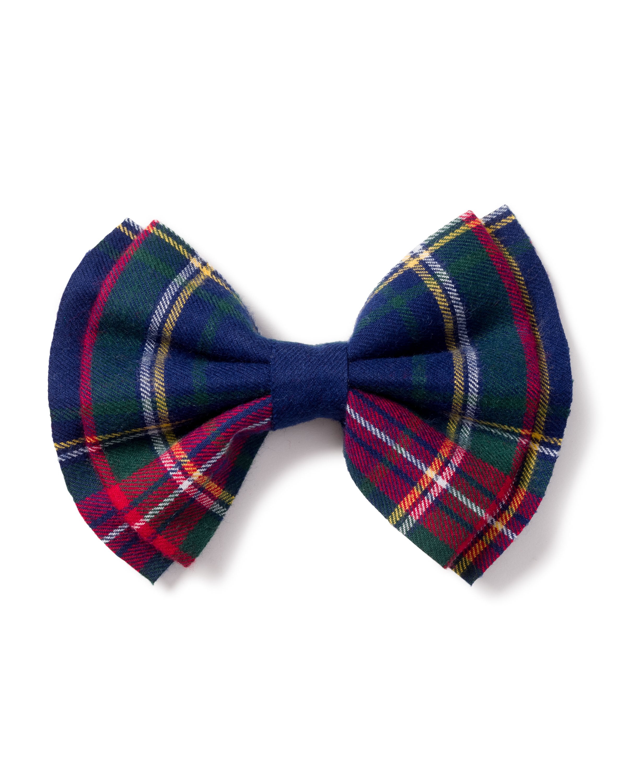 The Girls Hair Bows in Windsor Tartan by Petite Plume, featuring blue, green, and red plaid on smooth fabric, make a charming holiday gift or stocking stuffer.