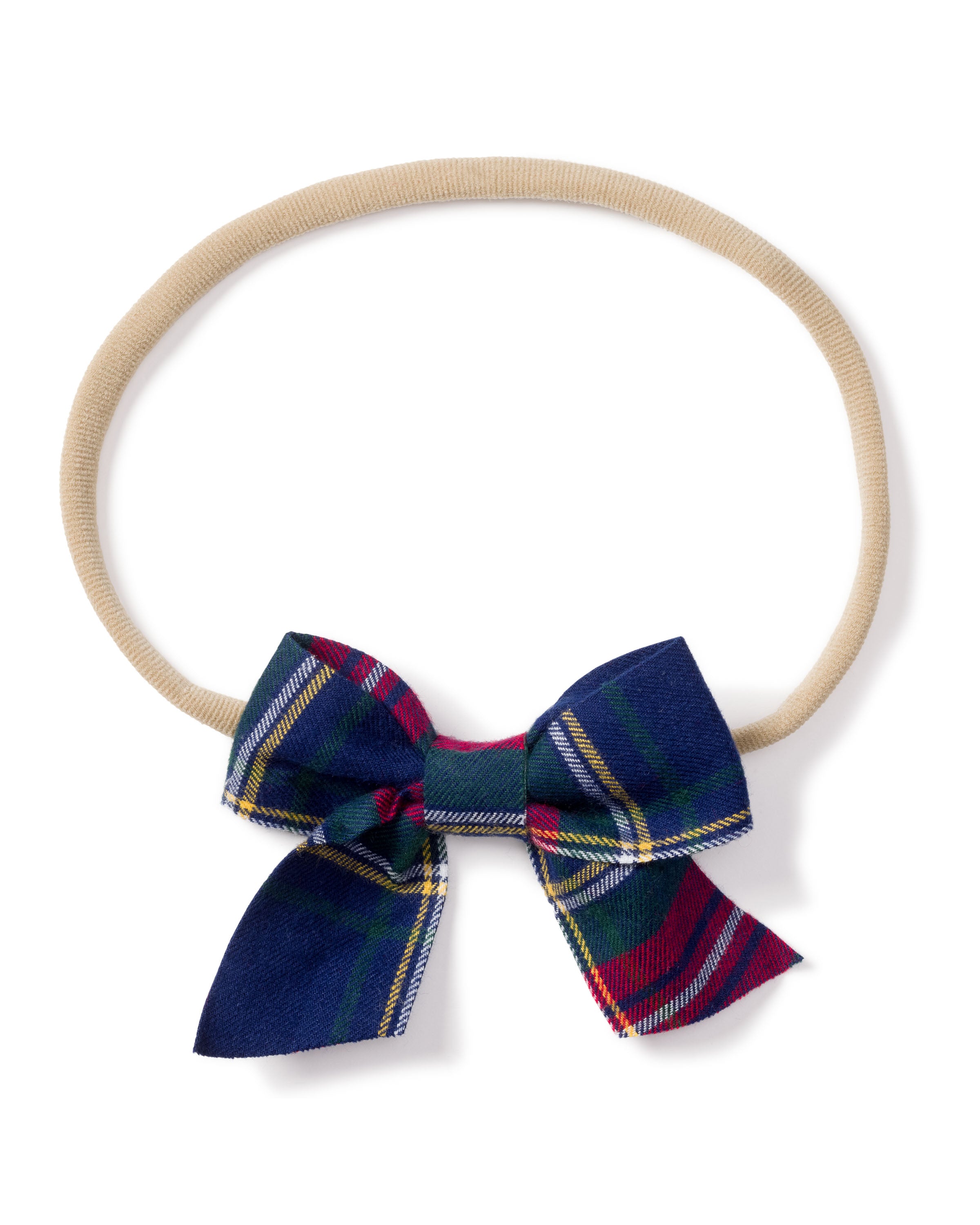 Petite Plumes Girls Hair Bows in Windsor Tartan, featuring a beige elastic headband with a dark blue, green, and red plaid fabric bow, make perfect stocking stuffers or holiday gifts for fans of girls hair bows.