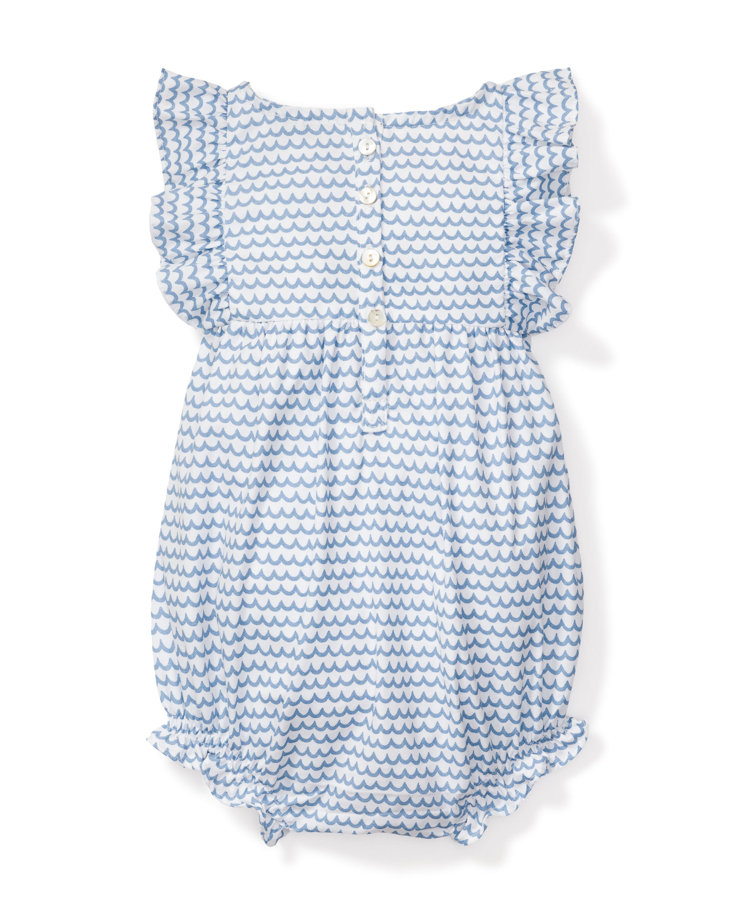 The Babys Twill Ruffled Romper in La Mer by Petite Plume is a blue and white yarn-dyed cotton romper, featuring a charming wave pattern, ruffled sleeves, and a row of buttons down the front reminiscent of Victorian-era sleepwear.