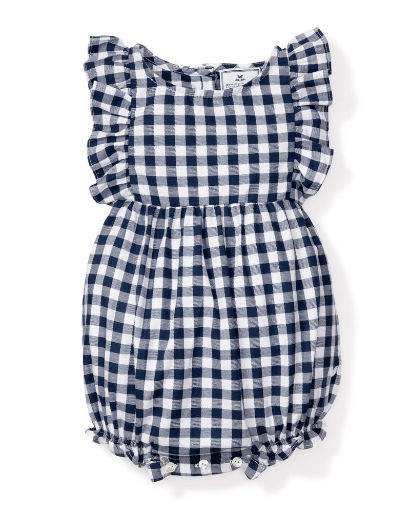 Baby's Twill Ruffled Romper in Navy Gingham