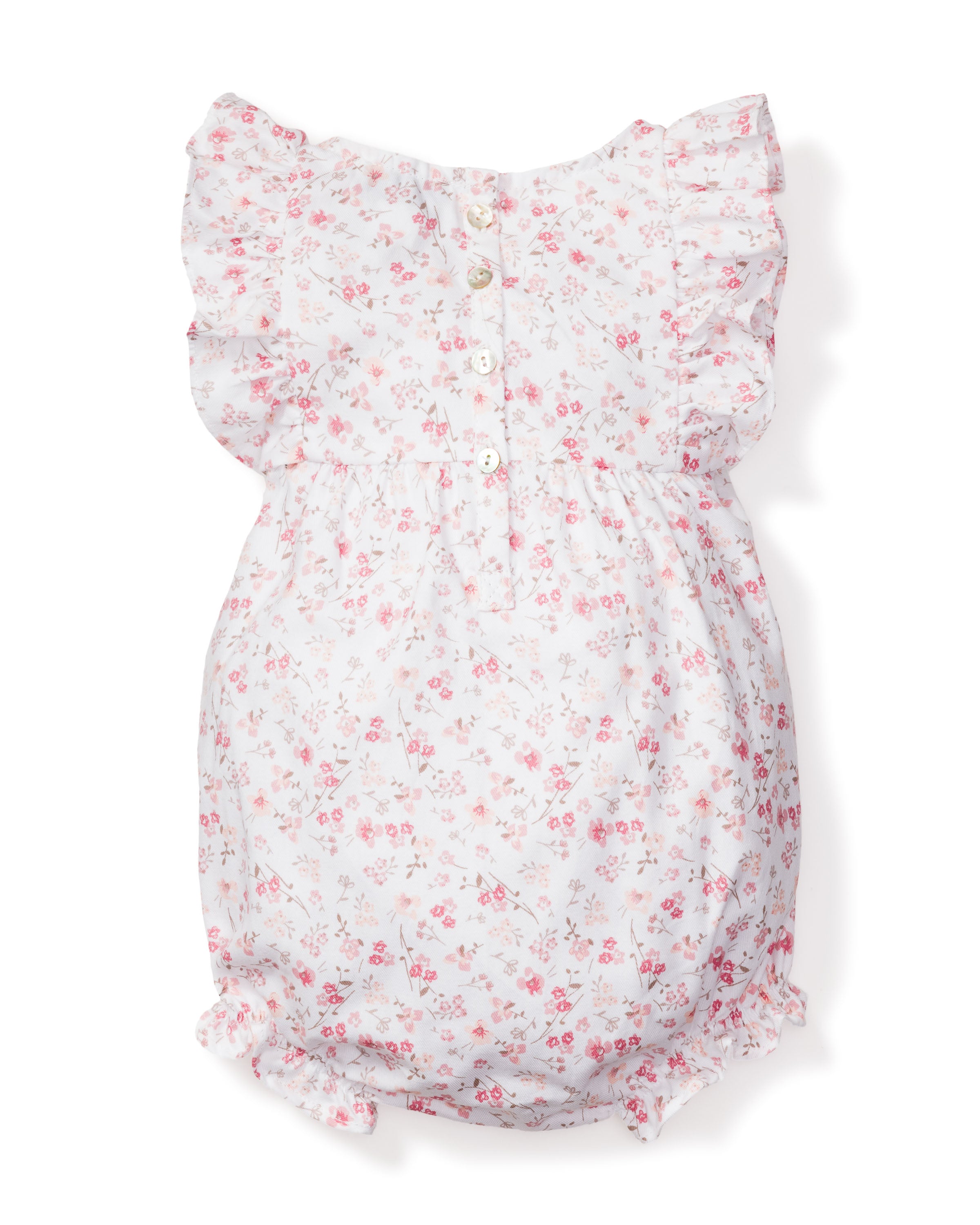 The Babys Twill Ruffled Romper in Dorset Floral by Petite Plume is a white floral romper with pink flowers, Victorian-style ruffled cap sleeves, and a back button closure. Its lightweight fabric adds to the delicate and feminine design, making it ideal for breezy sleepwear.