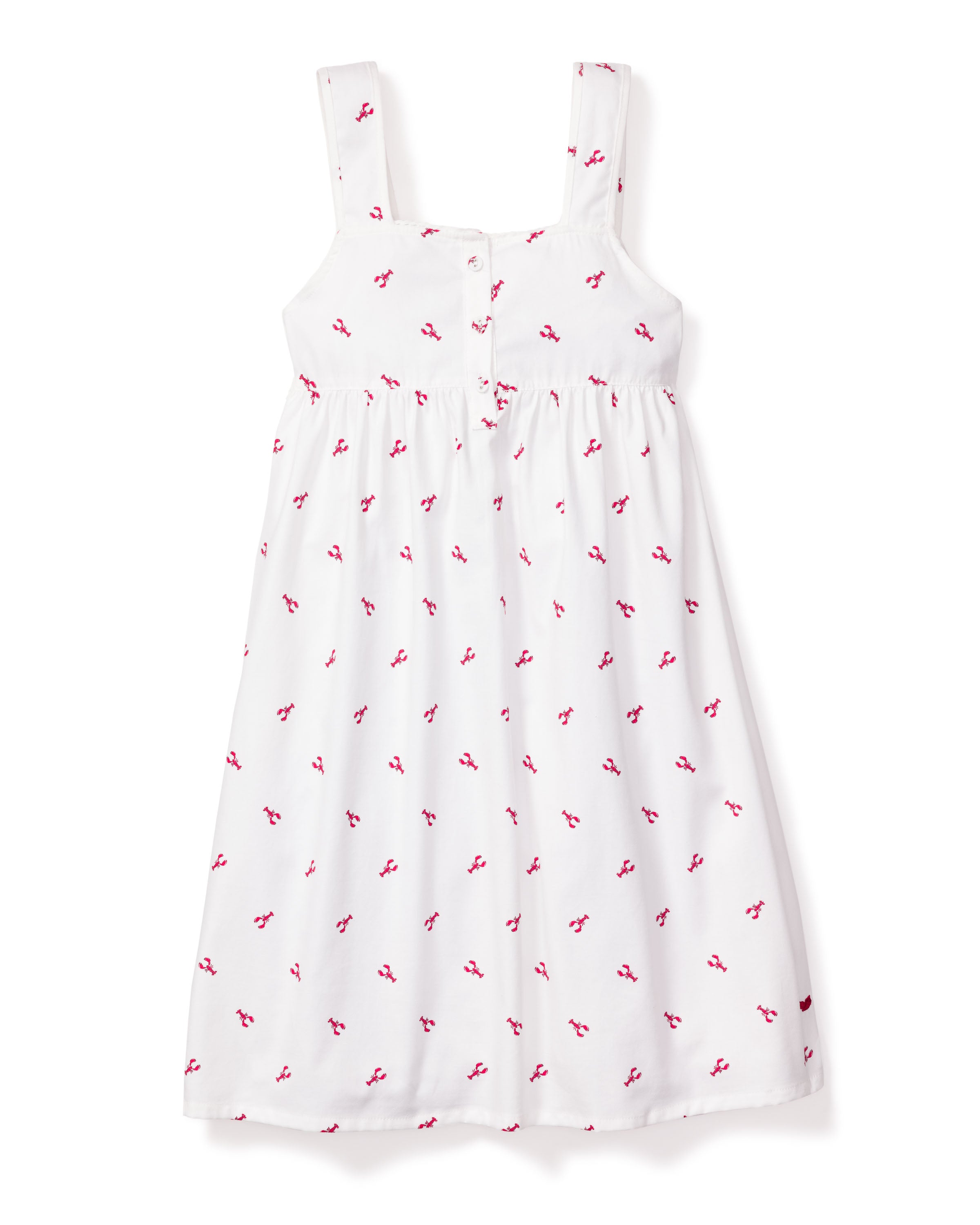 This charming white sundress, reminiscent of Petite Plumes Girls Twill Charlotte Nightgown in Brixham Lobsters, features thin straps, a delightful small red cherry pattern, a button-down front, and gathered detailing under the bust.