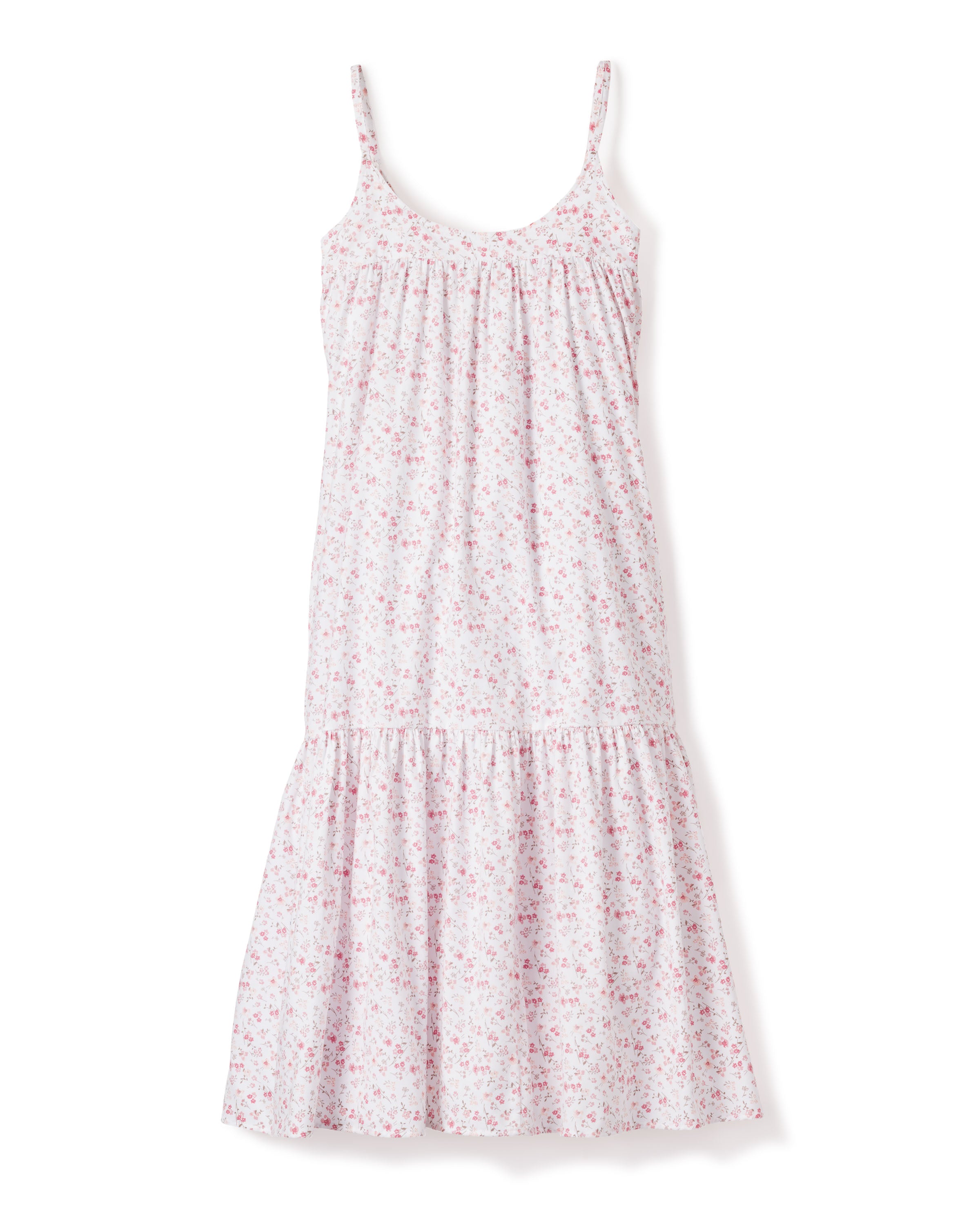 This Womens Twill Chloé Nightgown in Dorset Floral by Petite Plume is a sleeveless white sundress with thin straps, a pink floral print, gathered bust, and tiered flowing skirt, crafted from high-quality cotton for elegance in every detail.