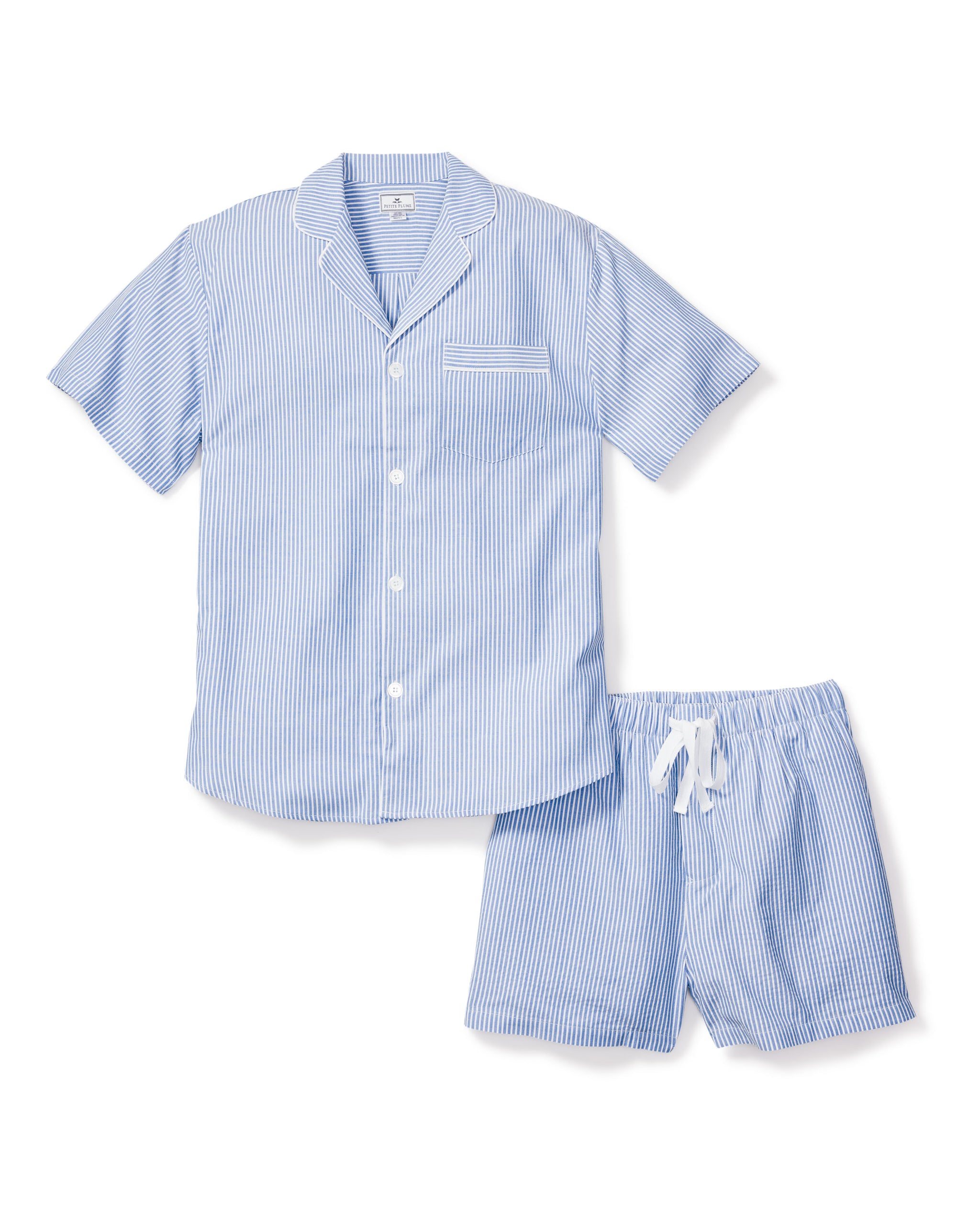 Petite Plume Men's Twill Pajama Short Set in French Blue Seersucker | Size: L