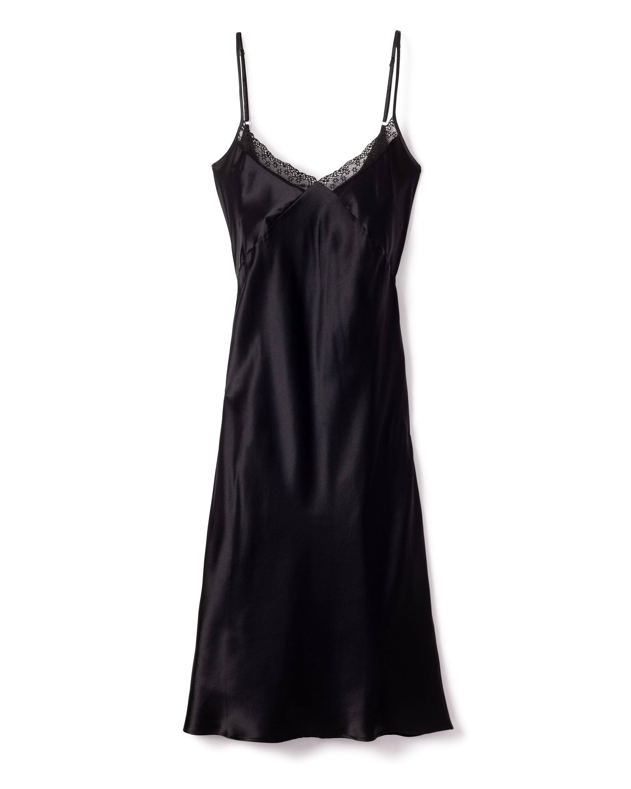 The Womens Silk Lace Cosette Nightgown in Black by Petite Plume features spaghetti straps and lace trim at the neckline, offering a minimalist fantasy and luxury sleepwear experience.