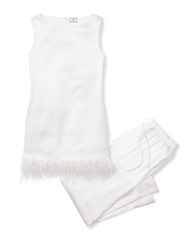 Women's Silk Feather Tunic Set in White