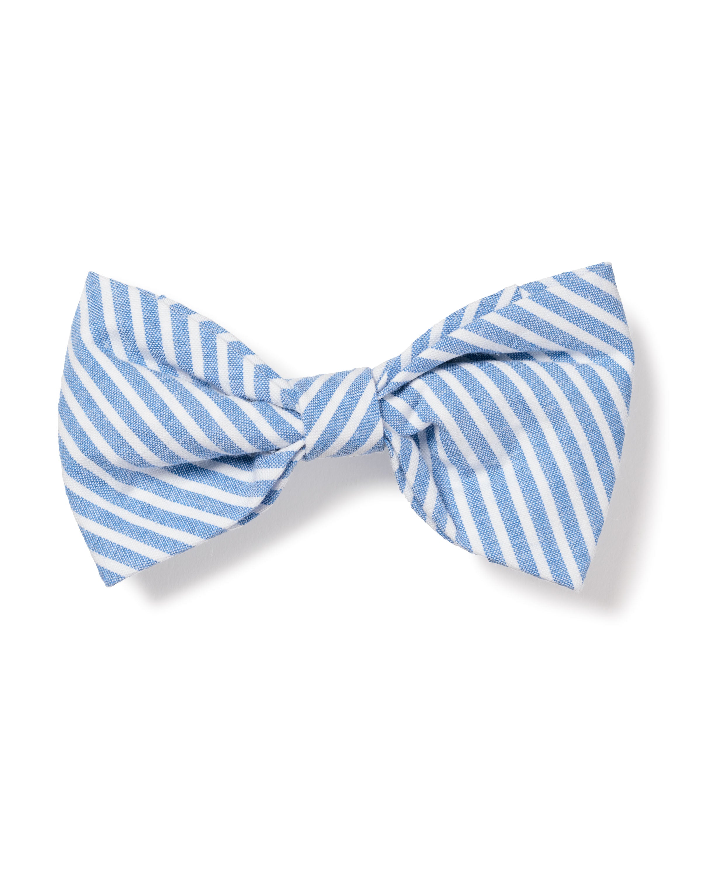 A delightful dog bow tie from Petite Plume, crafted in French Blue Seersucker with blue and white diagonal stripes, displayed neatly against a white background.