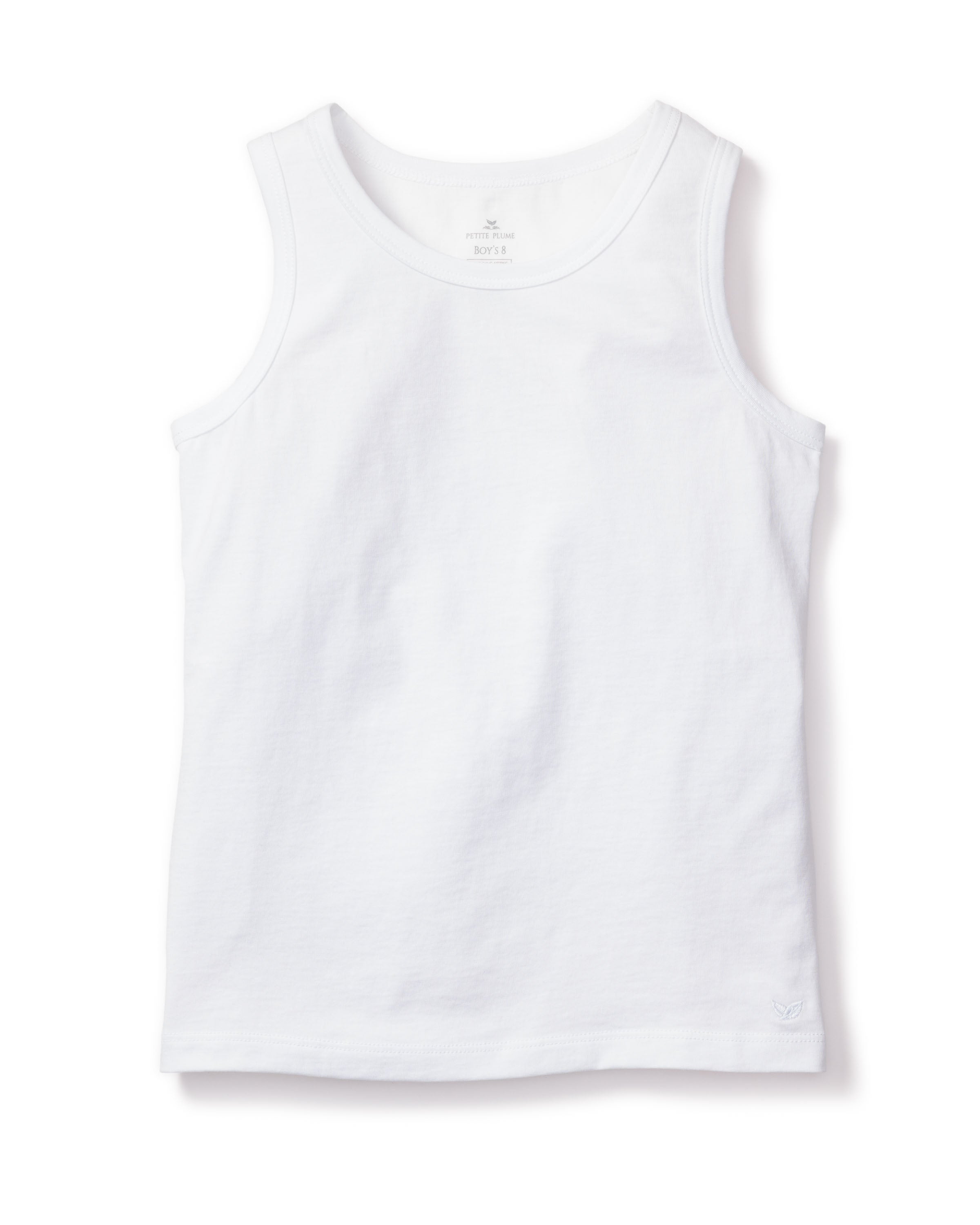 The Kids Pima Tank Top in White by Petite Plume is a plain white sleeveless piece, made from soft Peruvian Pima cotton, shown against a white background. Its simple design and round neckline make it perfect for casual wear or cozy bedtime rituals.