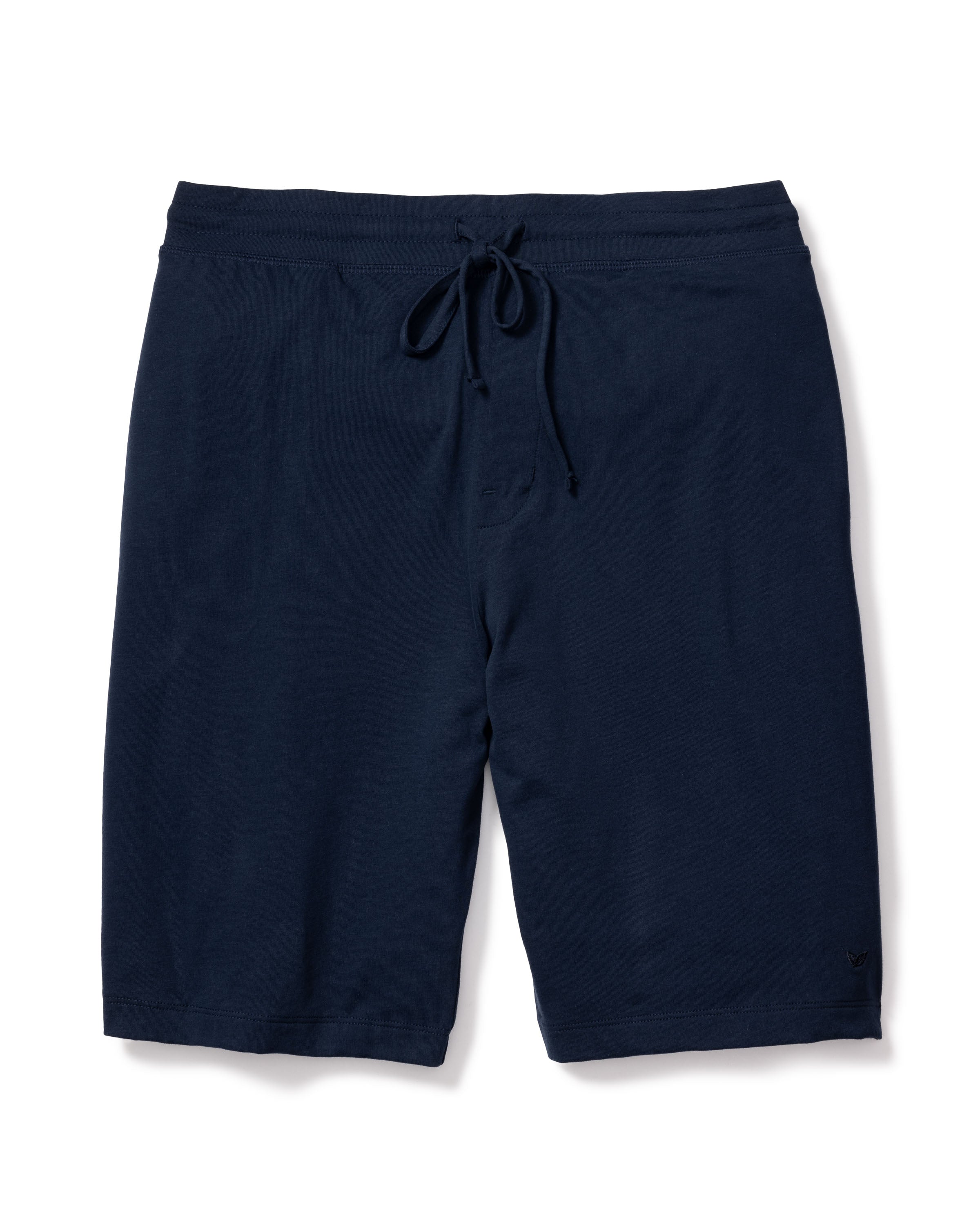Mens Classic Pima Shorts in Navy by Petite Plume are made from soft Peruvian Pima cotton, featuring a dark blue color and an adjustable waist for comfort. These versatile drawstring athletic shorts transition seamlessly from workouts to bedtime.
