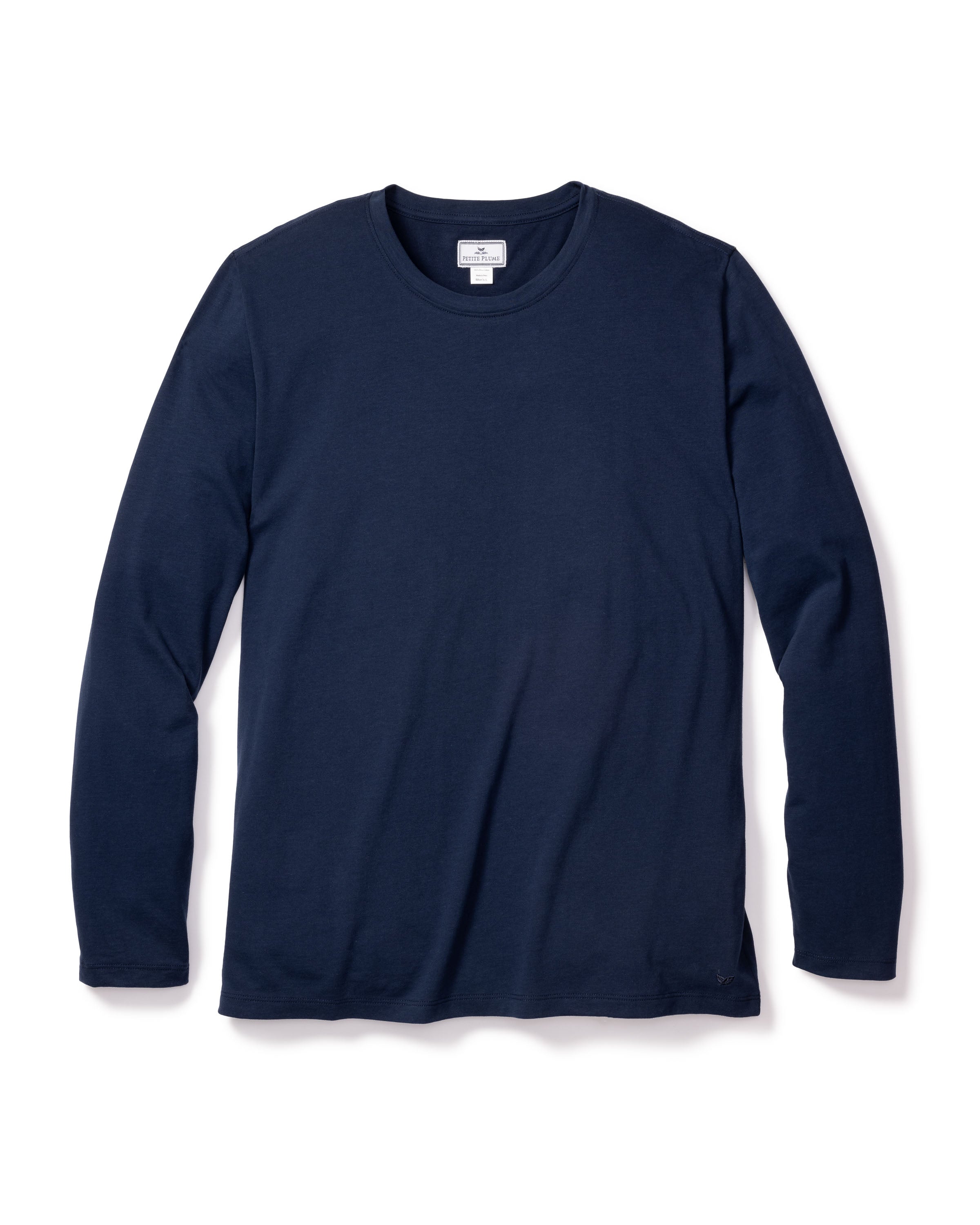 The Mens Pima Crew Neck Long Sleeve Top in Navy by Petite Plume is a luxurious and soft cotton piece, ideal for casual wear or cozy sleepwear, featuring a crew neckline against a plain white background.