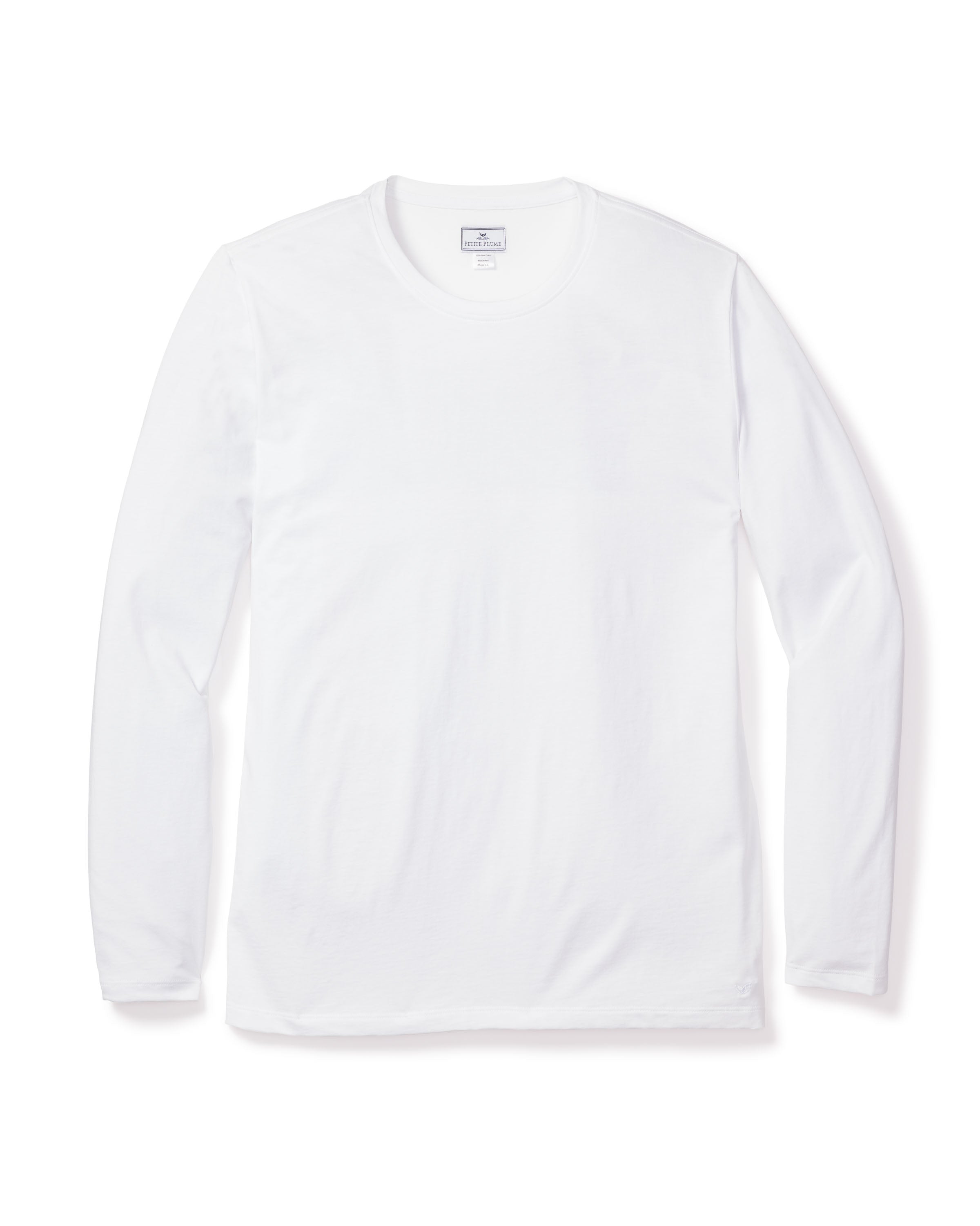 This Mens Pima Crew Neck Long Sleeve Top by Petite Plume, in classic white and crafted from luxurious Peruvian Pima cotton, is displayed elegantly on a white background.