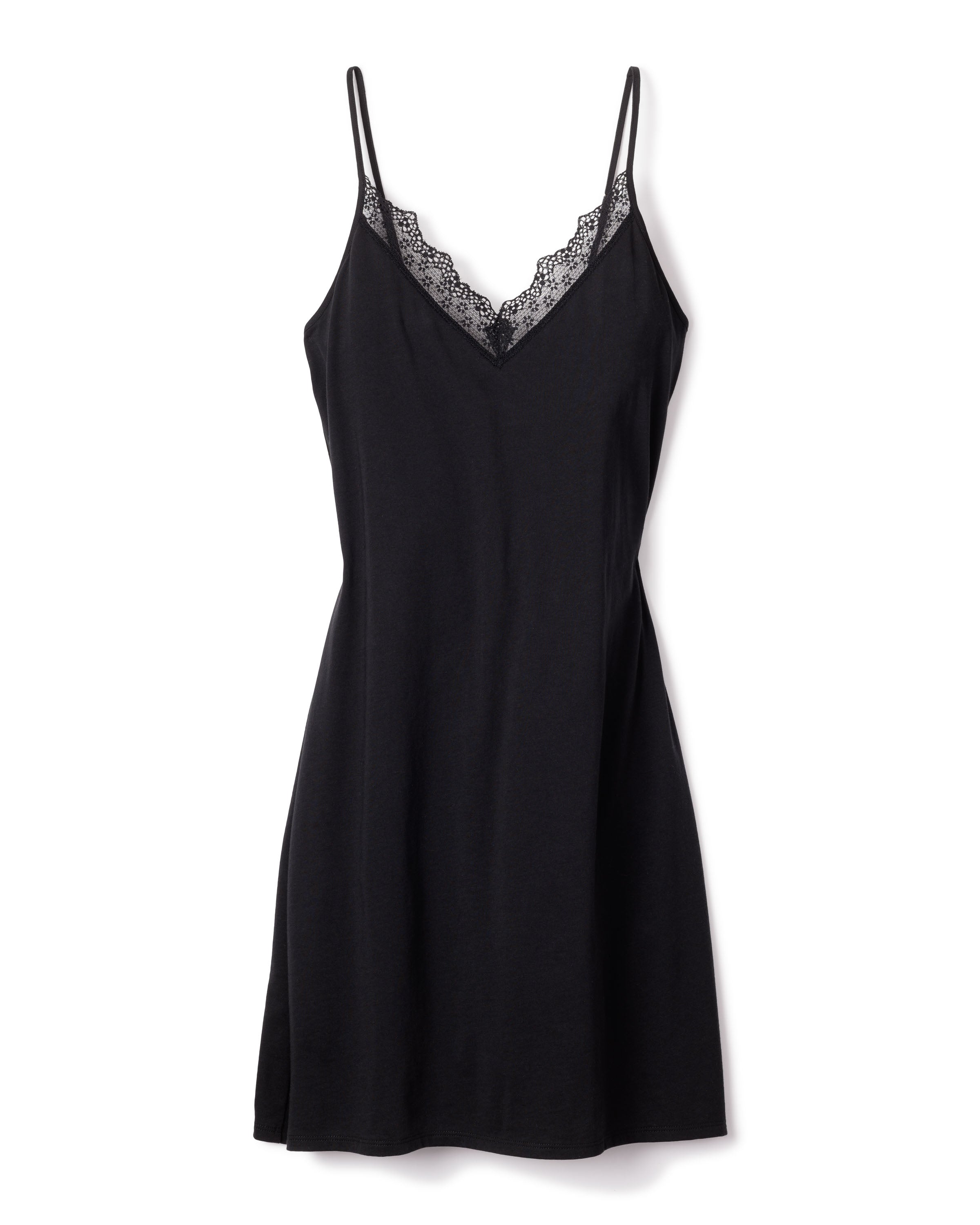 The Petite Plume Womens Pima Nightgown with Lace in Black features a sleeveless design, thin straps, a V-neckline, and lace accents. Made from luxurious Peruvian Pima cotton, it offers a lightweight and elegant look.