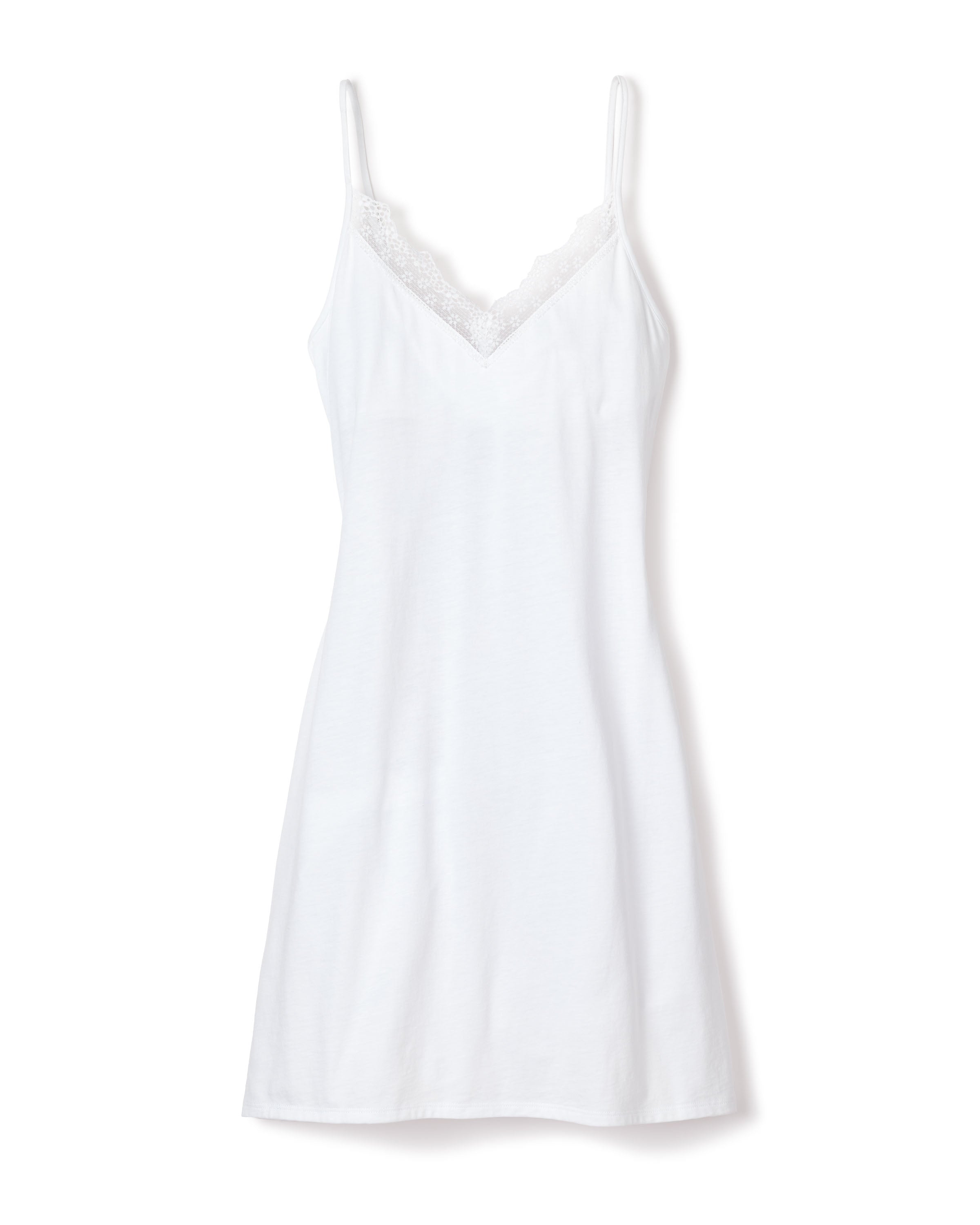 The Petite Plume Womens Pima Nightgown with Lace in White is a sleeveless slip dress with spaghetti straps and a V-neckline featuring lace trim. Made from luxurious Peruvian Pima cotton, its lightweight and soft, ideal for layering or sleepwear. It is shown laid flat against a white background.