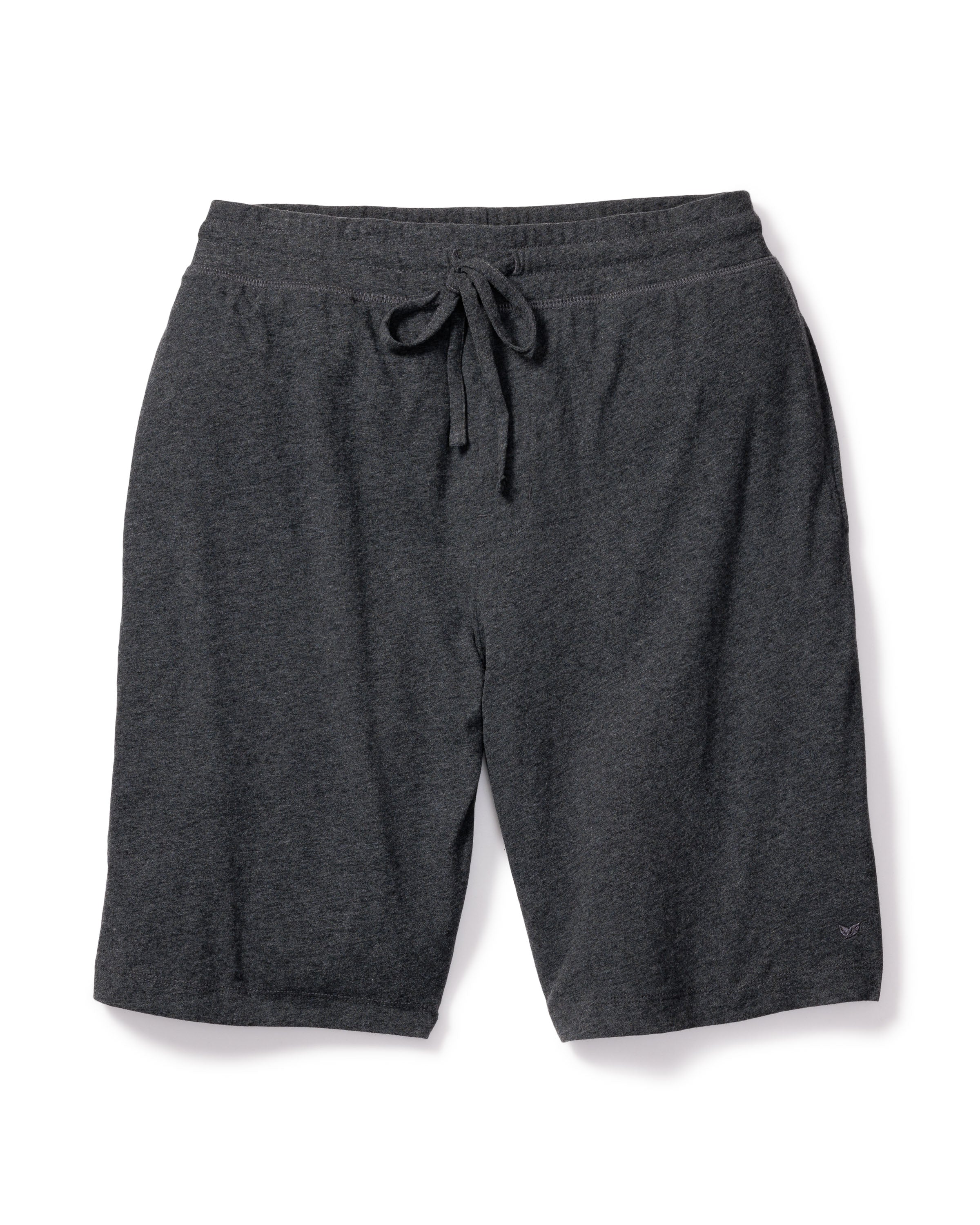 Mens Classic Pima Shorts in Dark Heather Grey by Petite Plume are made from yarn-dyed fabric, featuring an elastic waistband and adjustable drawstring. The soft, comfortable material makes them ideal for casual wear or pairing with jersey knit pajamas.
