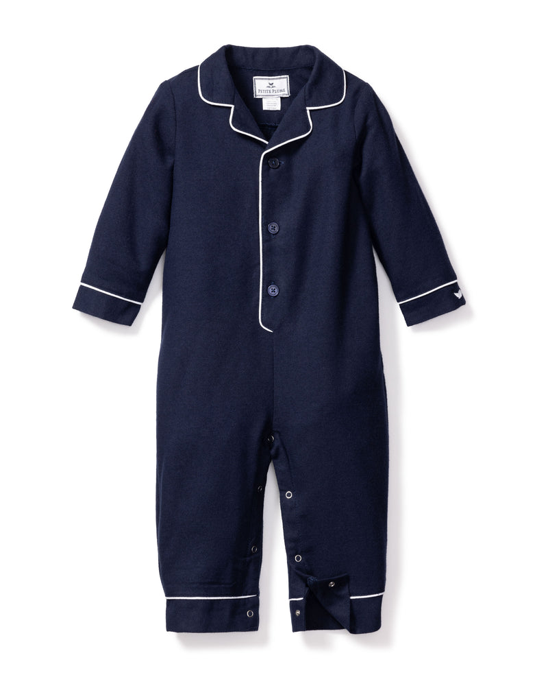 Baby's Flannel Romper in Navy with White Piping