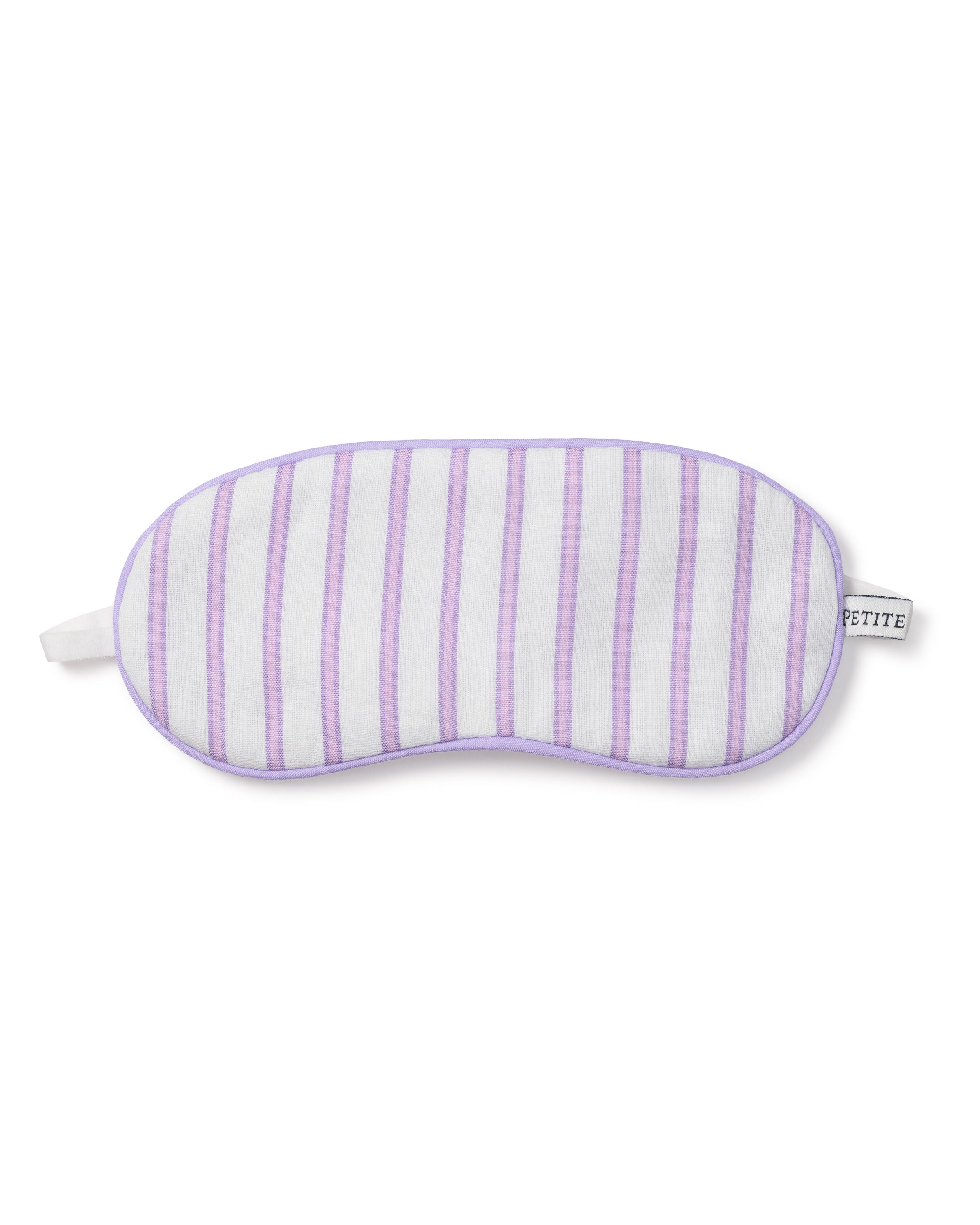 The Kids Twill Sleep Mask in Lavender French Ticking by Petite Plume features elegant light purple stripes on a white background, with matching elastic strap and edging. Its a refined accessory that elevates bedtime routines, perfect for monogrammed gifts.