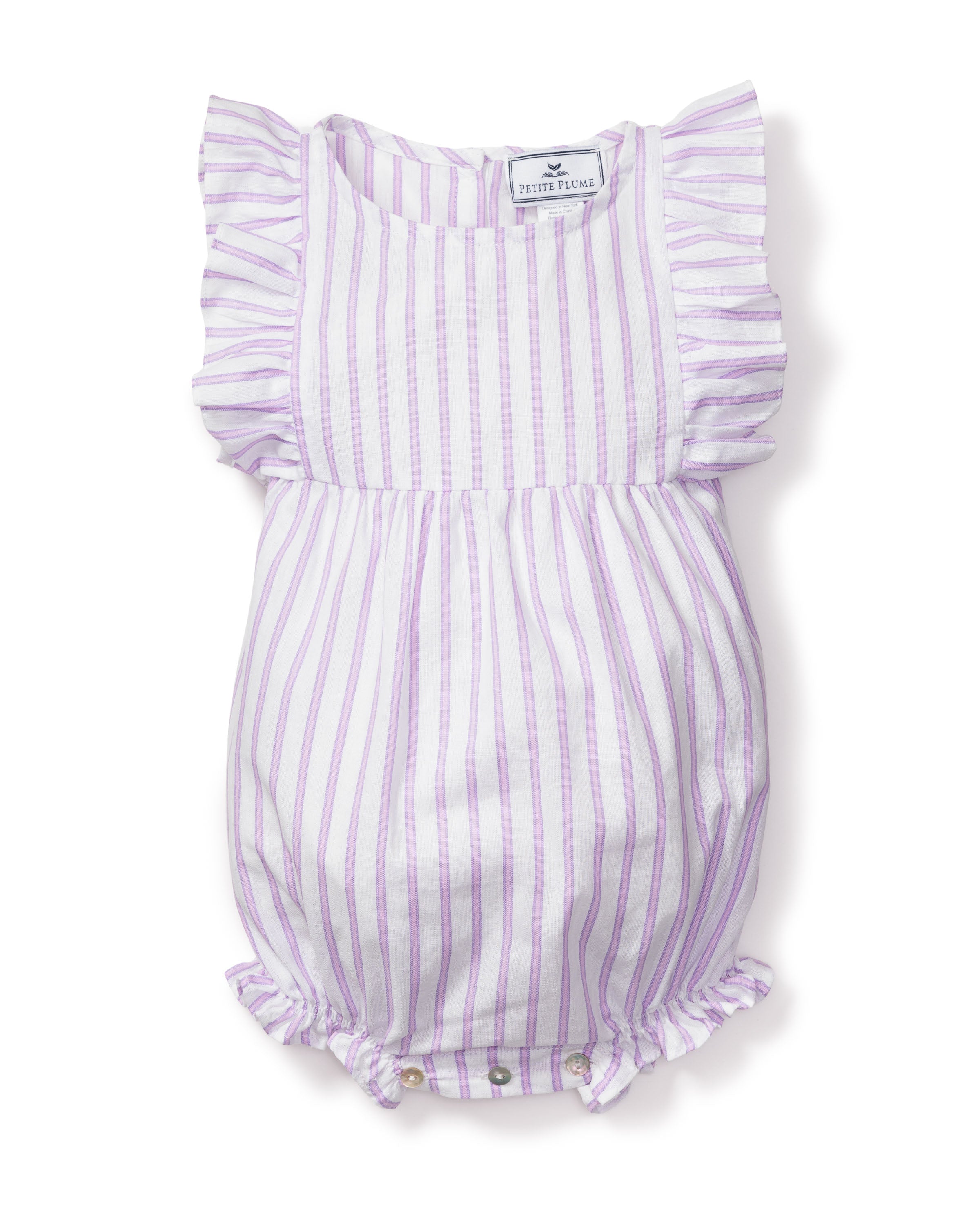 Baby's Twill Ruffled Romper in Lavender French Ticking