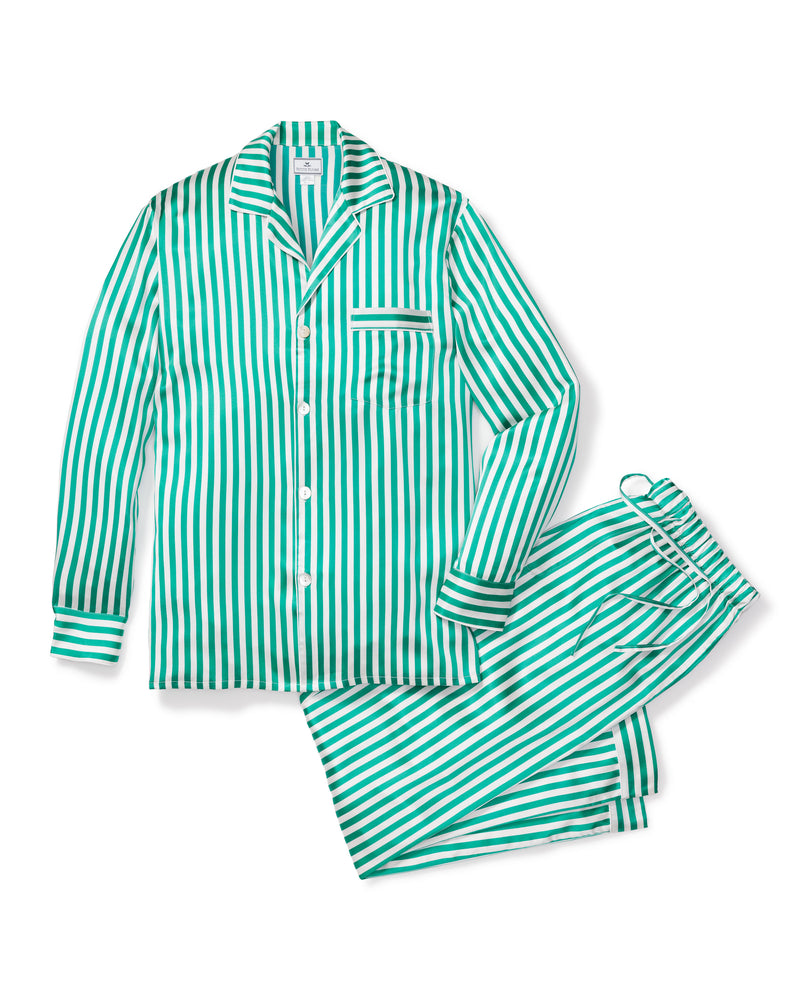 100% Mulberry Silk Green Stripe Men's Luxe Pajama