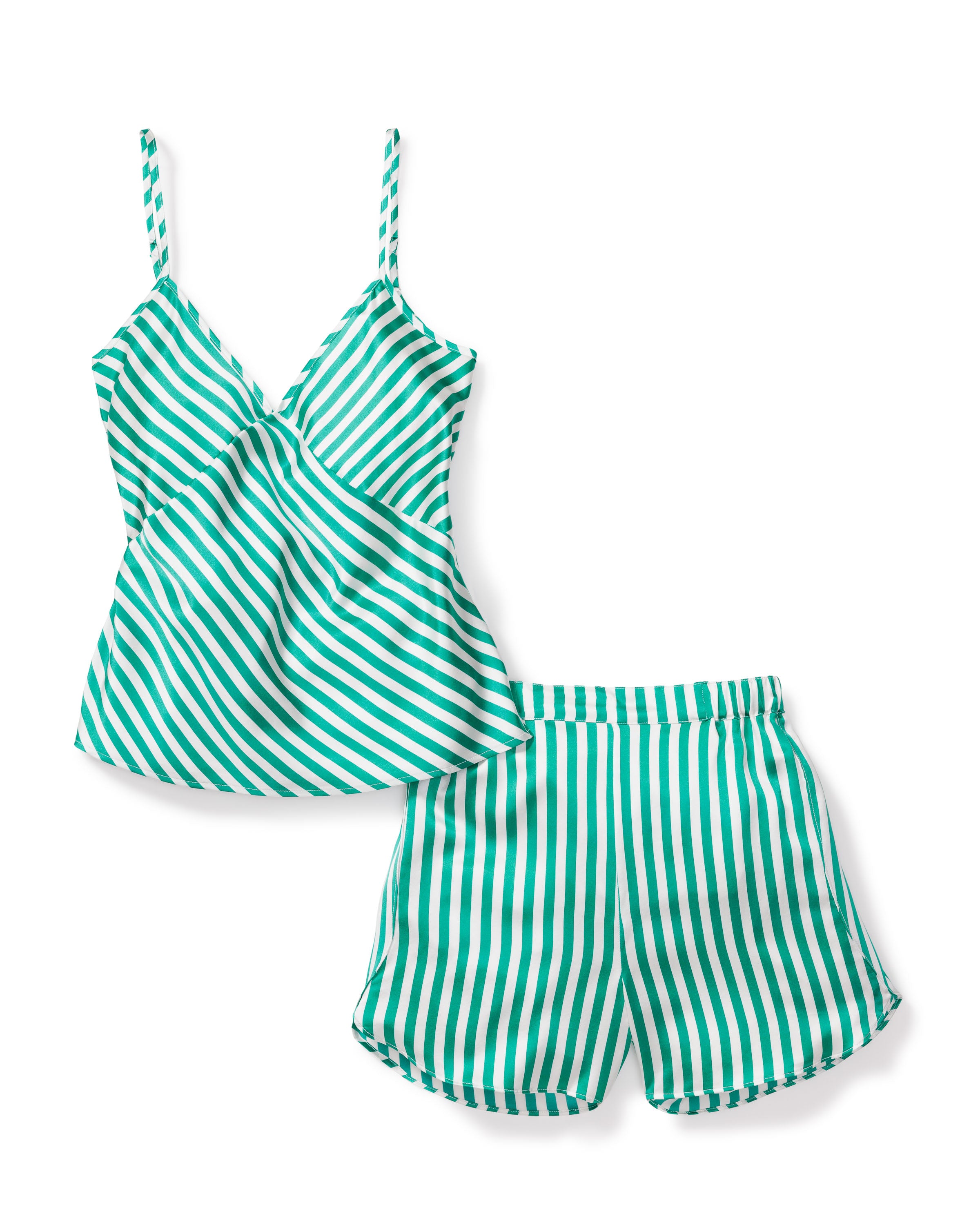The Womens Silk Cami Short Set in Green Stripe by Petite Plume features a luxurious sleeveless V-neck top with thin straps and an emerald green diagonal stripe print, perfectly paired with matching vertical stripe elastic waist shorts for a stylish bedtime ensemble.