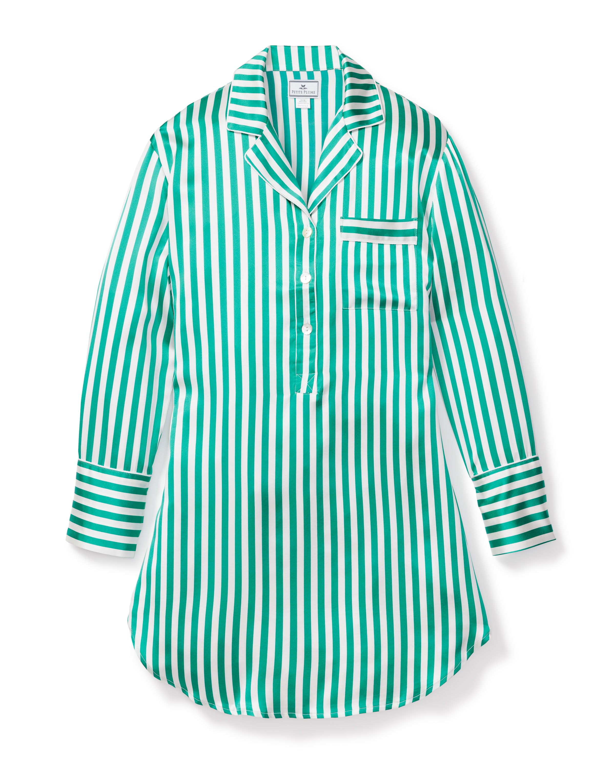 The Petite Plume Womens Silk Nightshirt in Green Stripe, made from luxurious Mulberry Silk, features a collar, button-down front with alternating emerald green and white vertical stripes, a left chest pocket, and contrasting horizontal stripes on the cuffs.