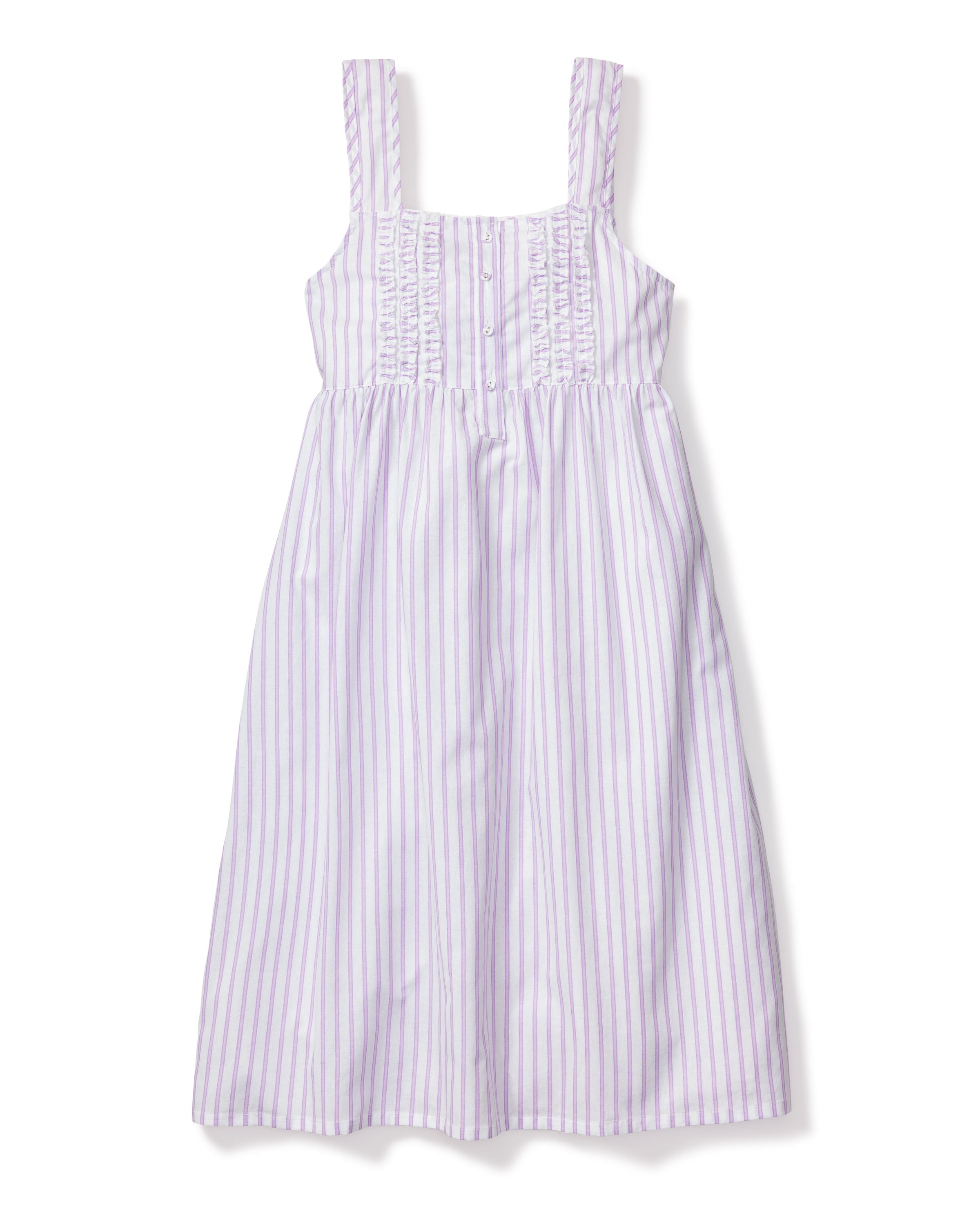 The Womens Twill Charlotte Nightgown in Lavender French Ticking by Petite Plume is a sleeveless, knee-length dress with vertical purple and white stripes, featuring ruffle detailing on the bodice and wide shoulder straps for a luxurious sleepwear-inspired look.