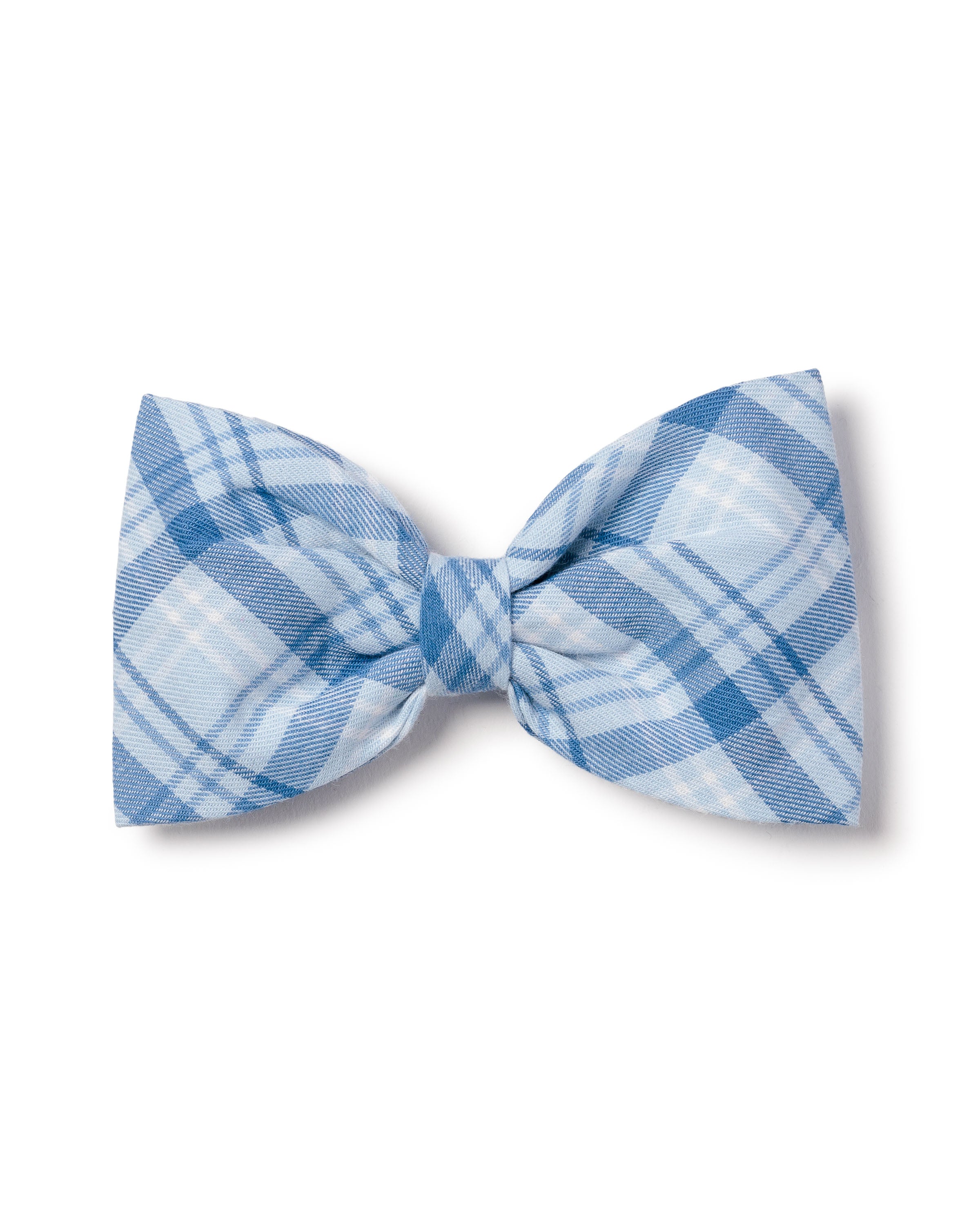 The Petite Plume Dog Twill Bow Tie in Seafarer Tartan, a festive blue and white plaid accessory, stands out beautifully against a crisp white background.