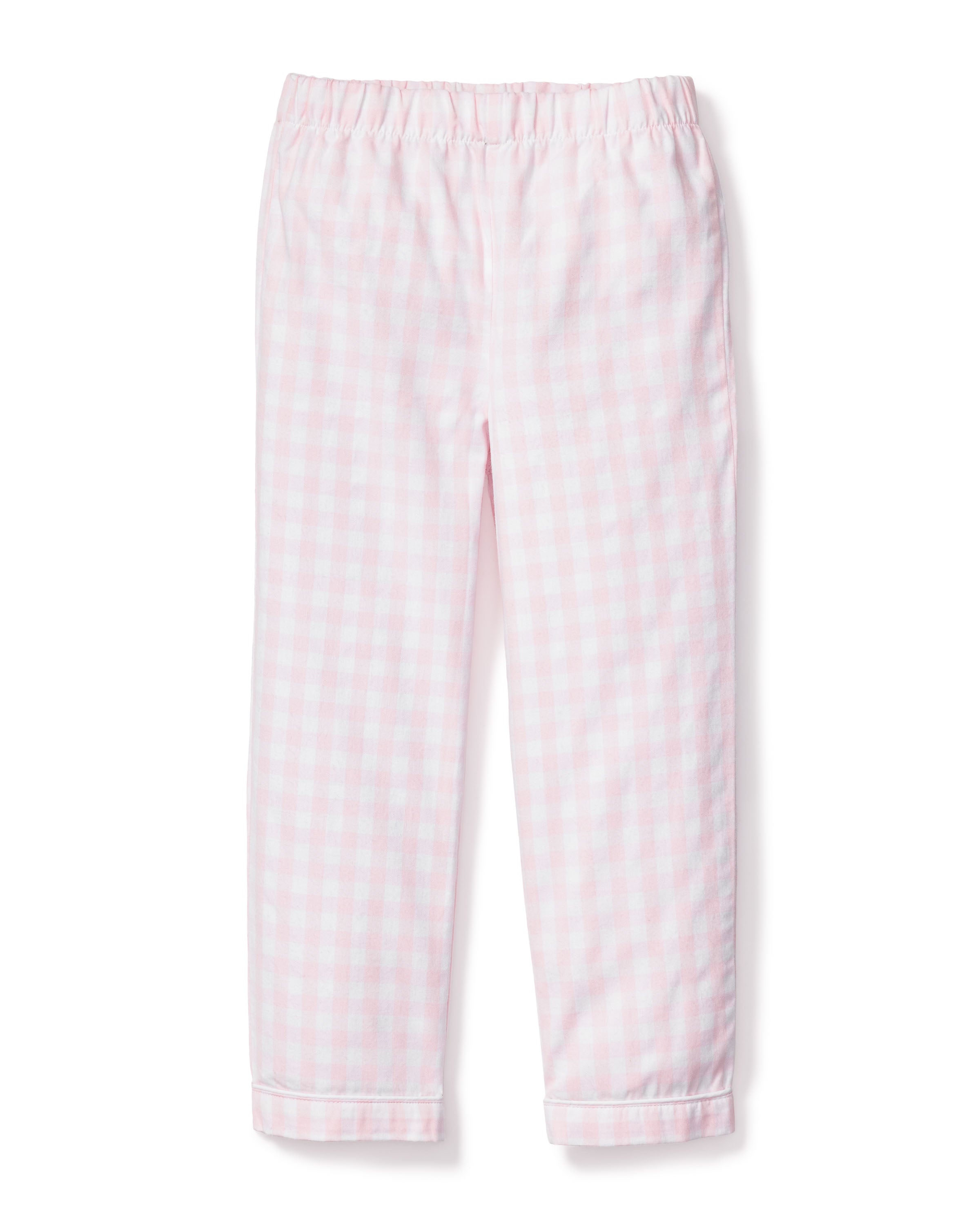 Petite Plumes Kids Twill Pajama Pants in Pink Gingham, made from yarn-dyed cotton, feature an elastic waistband and straight legs, displayed on a white background.