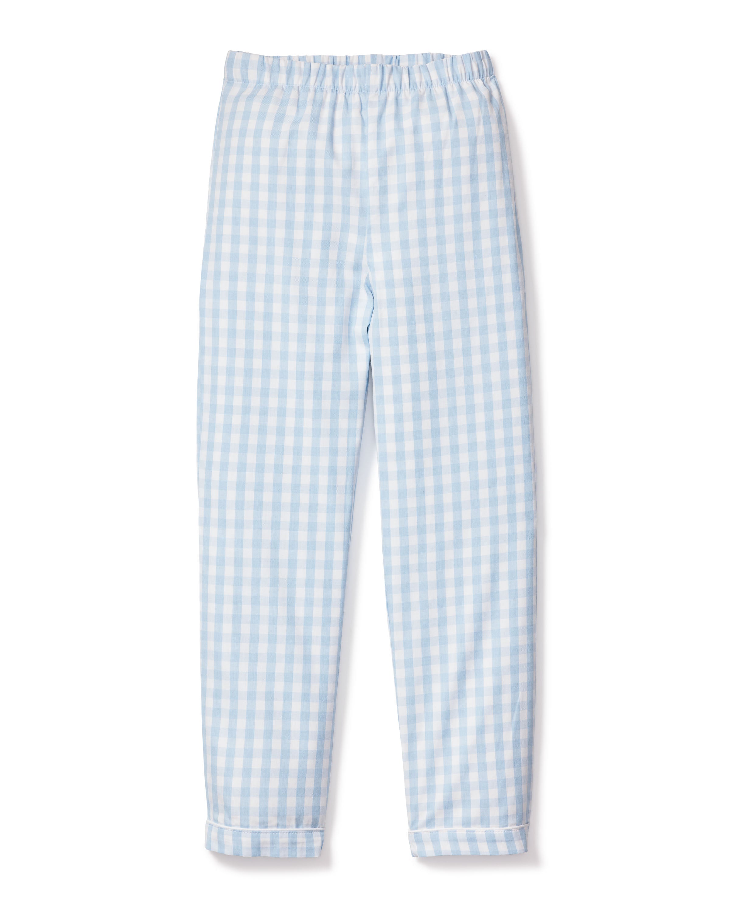 Petite Plumes Kids Twill Pajama Pants in Light Blue Gingham are made from soft cotton with an elastic waistband for comfort. Featuring rolled-up cuffs and displayed against a white background, theyre perfect sleepwear.