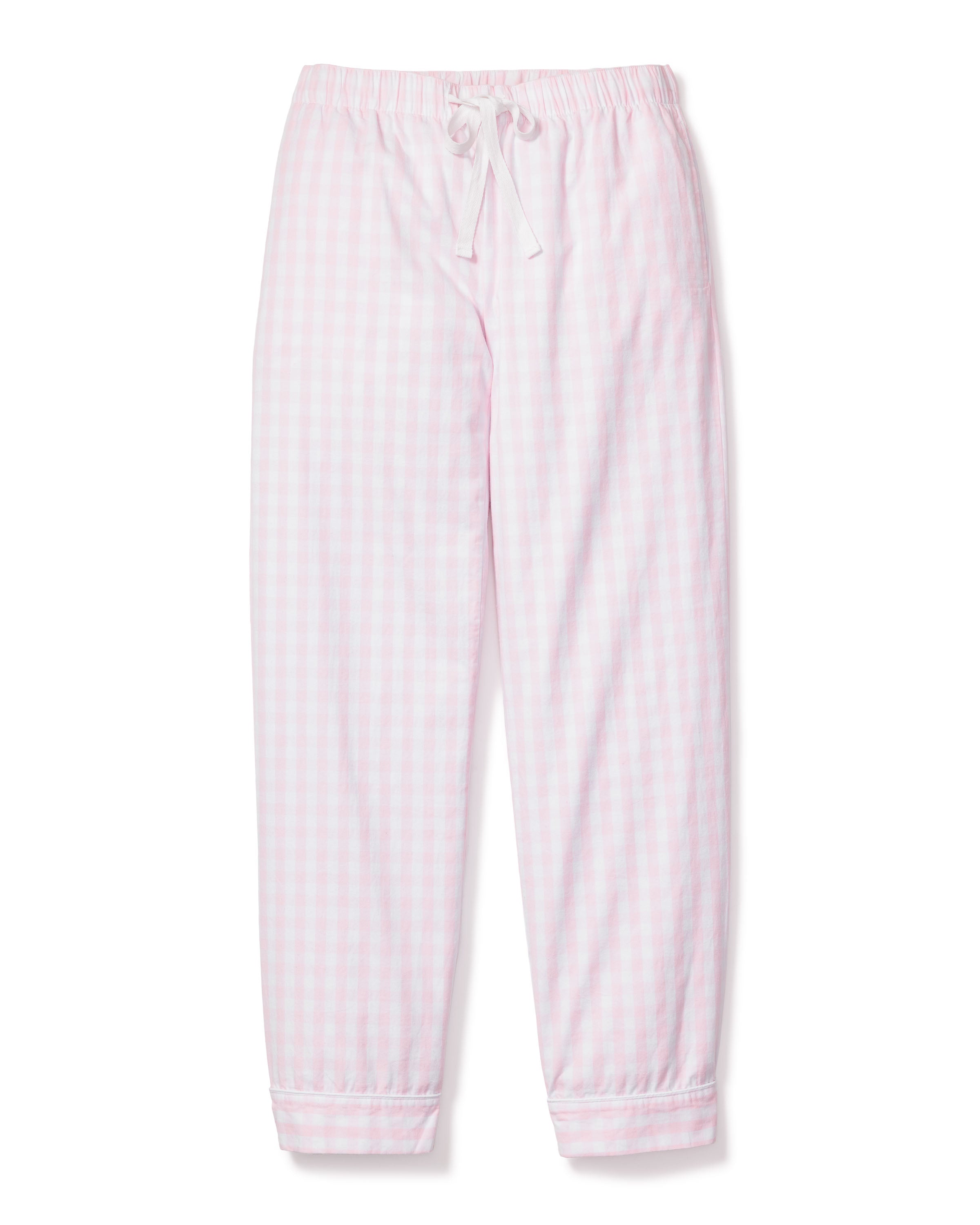 Petite Plumes Womens Pink Gingham Twill Pants, crafted from 100% cotton with an elastic waistband and drawstring, are shown on a white background. Ideal for bedtime comfort.