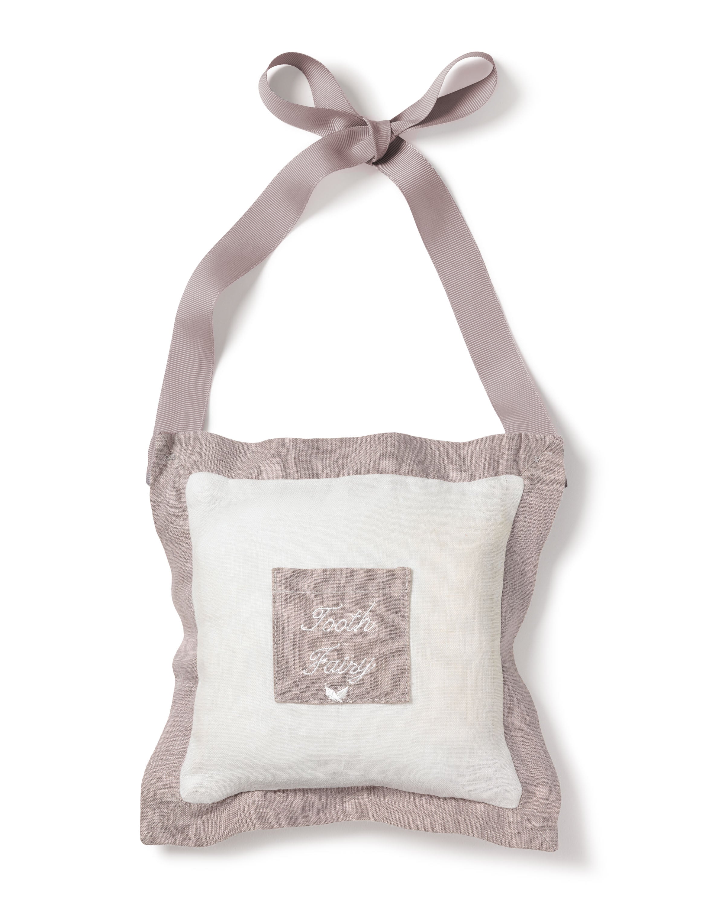 The Grey Tooth Fairy Pillow by Petite Plume is a small, square cushion with a beige border and white center. It features Tooth Fairy embroidered in gray on an heirloom-quality pocket, includes a beige ribbon loop for hanging, and is perfect for cherishing magical memories.