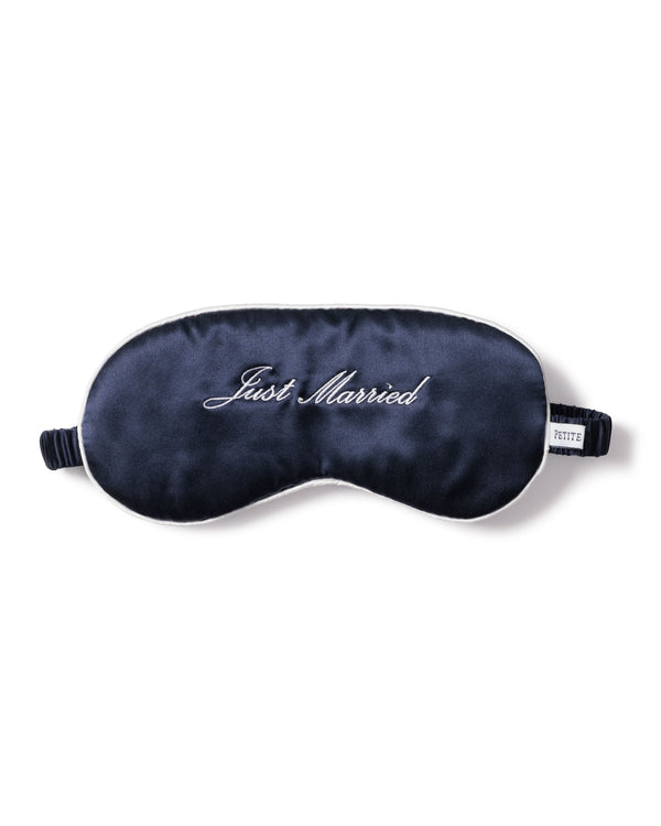 100% Mulberry Navy Silk 'Just Married' Sleep Mask with White Embroidery