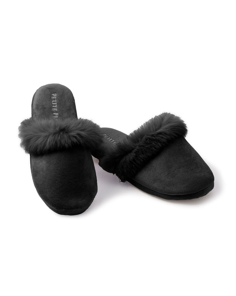 Women's Black Faux Fur Trim Slipper