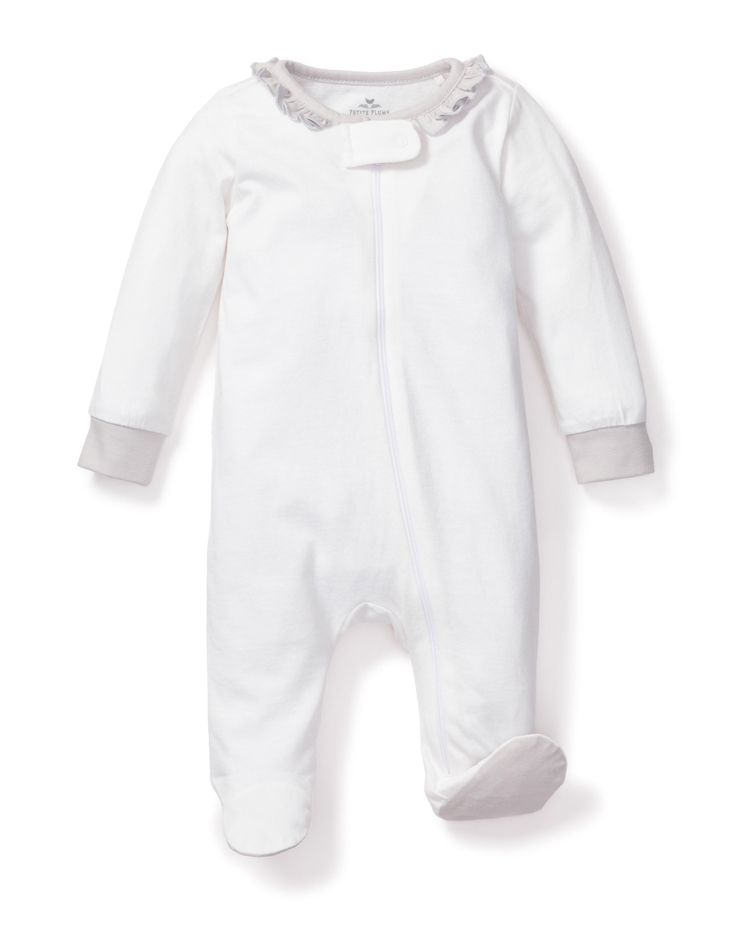 Baby's Organic Cotton Romper in White with Grey Ruffled Collar