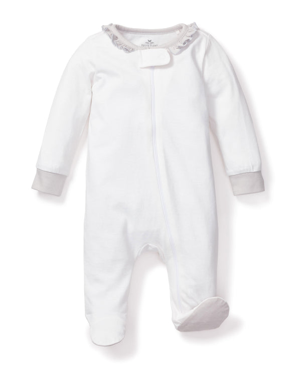 Baby's Organic Cotton Romper in White with Grey Ruffled Collar