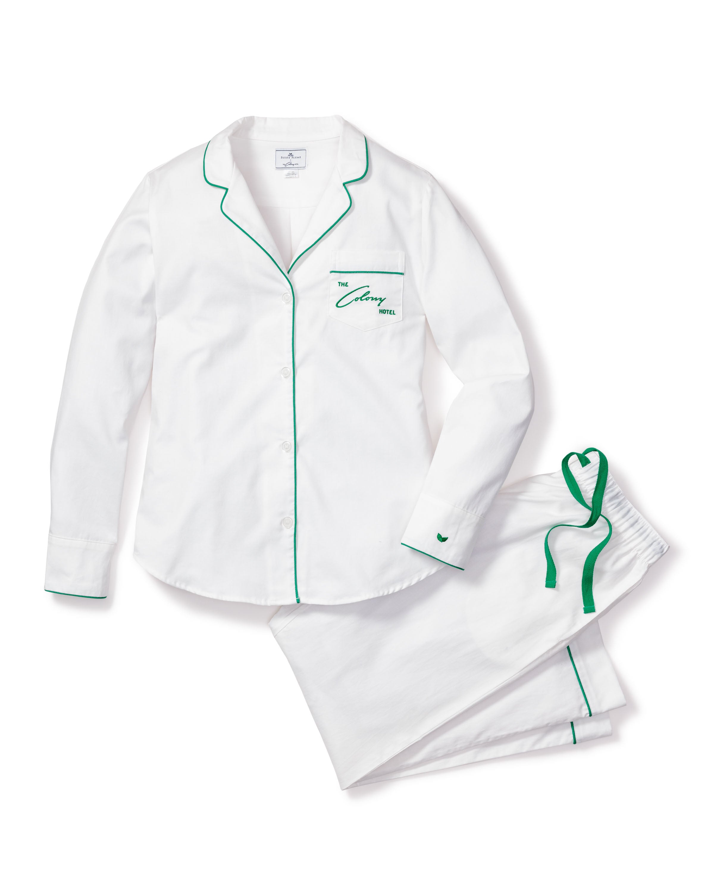 Colony Hotel x Petite Plume Women's White with Green Piping Pajama Set