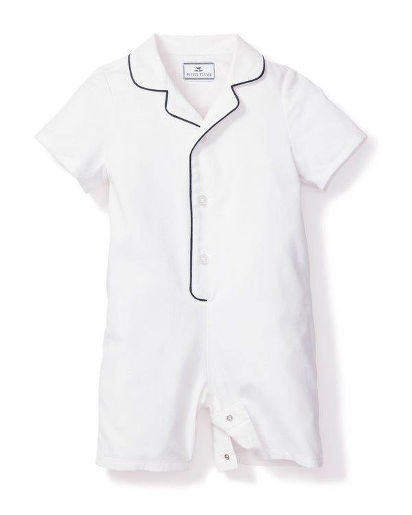 Baby's Twill Summer Romper in White with Navy Piping