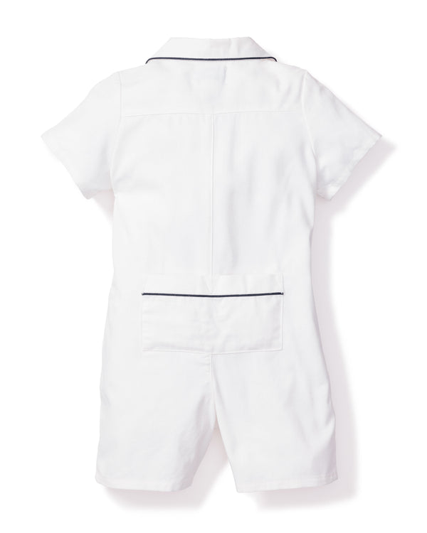 Baby's Twill Summer Romper in White with Navy Piping